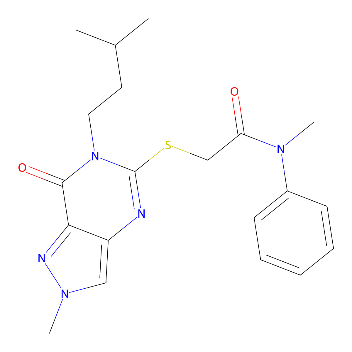 N-methyl-2-{[2-methyl-6-(3-methylbutyl)-7-oxo-2H,6H,7H-pyrazolo[4,3-d]pyrimidin-5-yl]sulfanyl}-N-phenylacetamide molecular structure, CAS 2319835-81-7