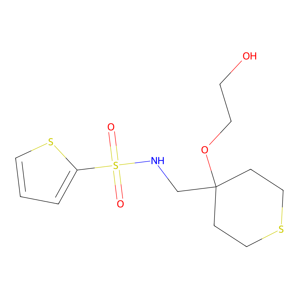 N-((4-(2-hydroxyethoxy)tetrahydro-2H-thiopyran-4-yl)methyl)thiophene-2-sulfonamide molecular structure, CAS 2319836-42-3