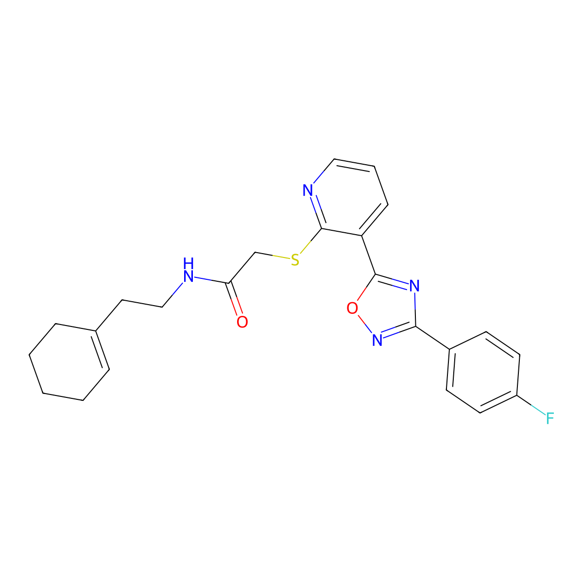 N-(2-(cyclohex-1-en-1-yl)ethyl)-2-((3-(3-(4-fluorophenyl)-1,2,4-oxadiazol-5-yl)pyridin-2-yl)thio)acetamide molecular structure, CAS 2319837-27-7