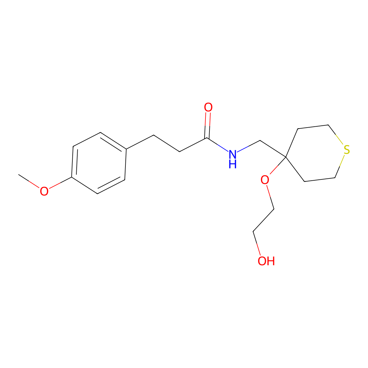 N-((4-(2-hydroxyethoxy)tetrahydro-2H-thiopyran-4-yl)methyl)-3-(4-methoxyphenyl)propanamide molecular structure, CAS 2319837-67-5