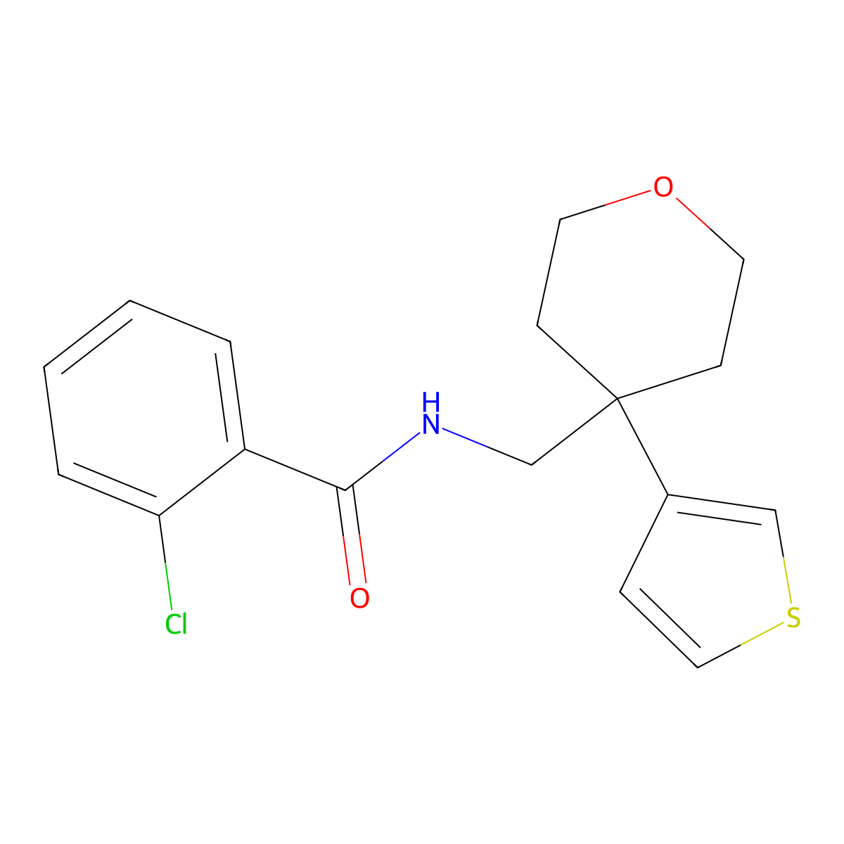 2-chloro-N-{[4-(thiophen-3-yl)oxan-4-yl]methyl}benzamide molecular structure, CAS 2319837-74-4