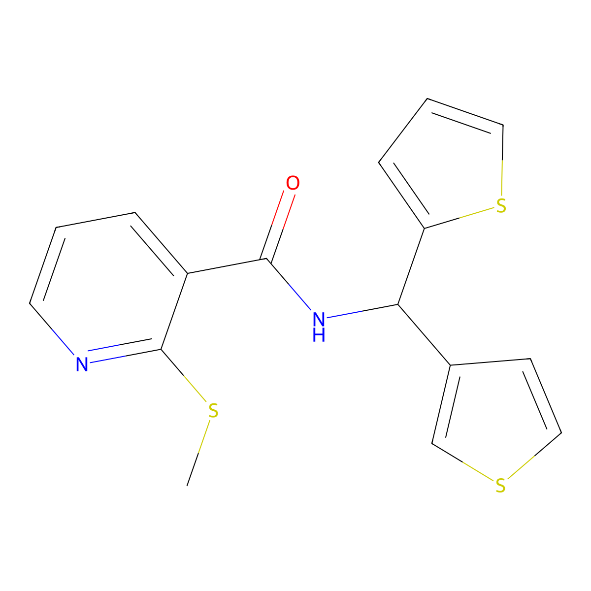 2-(methylthio)-N-(thiophen-2-yl(thiophen-3-yl)methyl)nicotinamide molecular structure, CAS 2319838-51-0