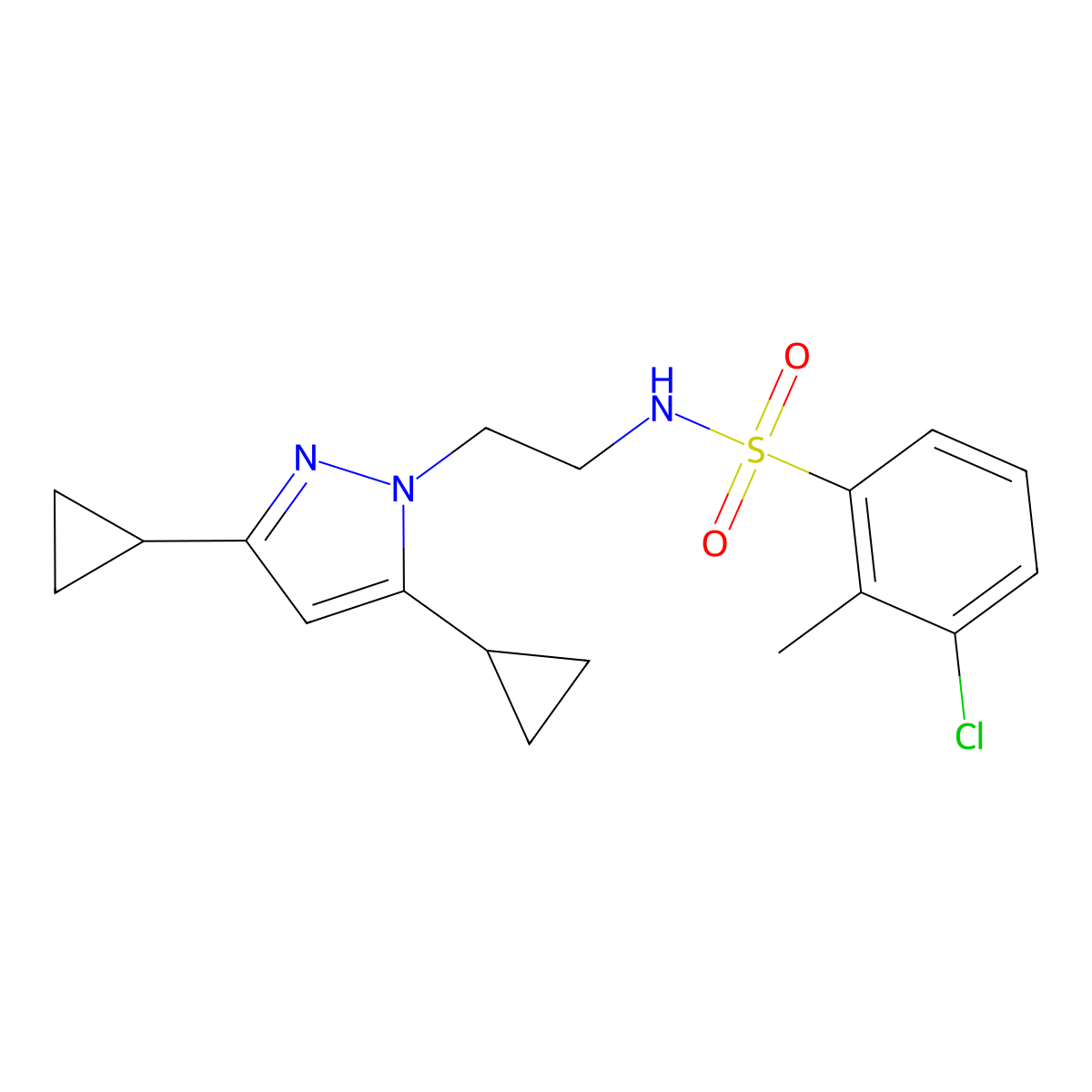3-chloro-N-(2-(3,5-dicyclopropyl-1H-pyrazol-1-yl)ethyl)-2-methylbenzenesulfonamide molecular structure, CAS 2319838-67-8