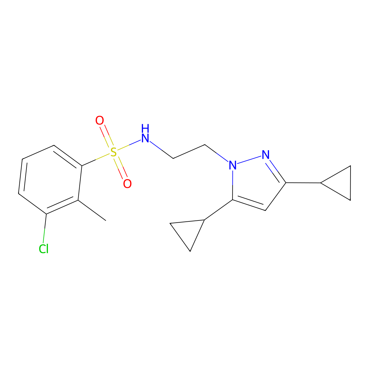 3-chloro-N-(2-(3,5-dicyclopropyl-1H-pyrazol-1-yl)ethyl)-2-methylbenzenesulfonamide molecular structure, CAS 2319838-67-8