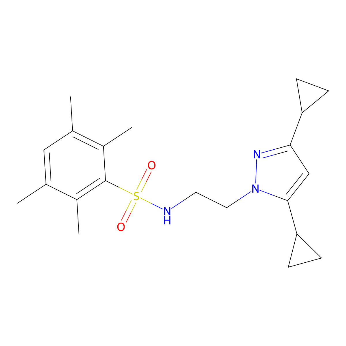 N-(2-(3,5-dicyclopropyl-1H-pyrazol-1-yl)ethyl)-2,3,5,6-tetramethylbenzenesulfonamide molecular structure, CAS 2319838-96-3