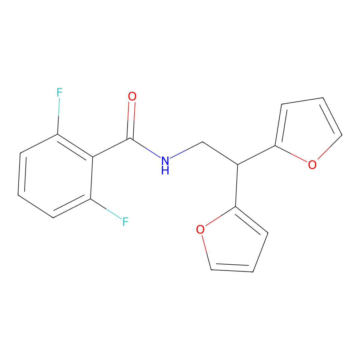 N-[2,2-bis(furan-2-yl)ethyl]-2,6-difluorobenzamide molecular structure, CAS 2319839-08-0