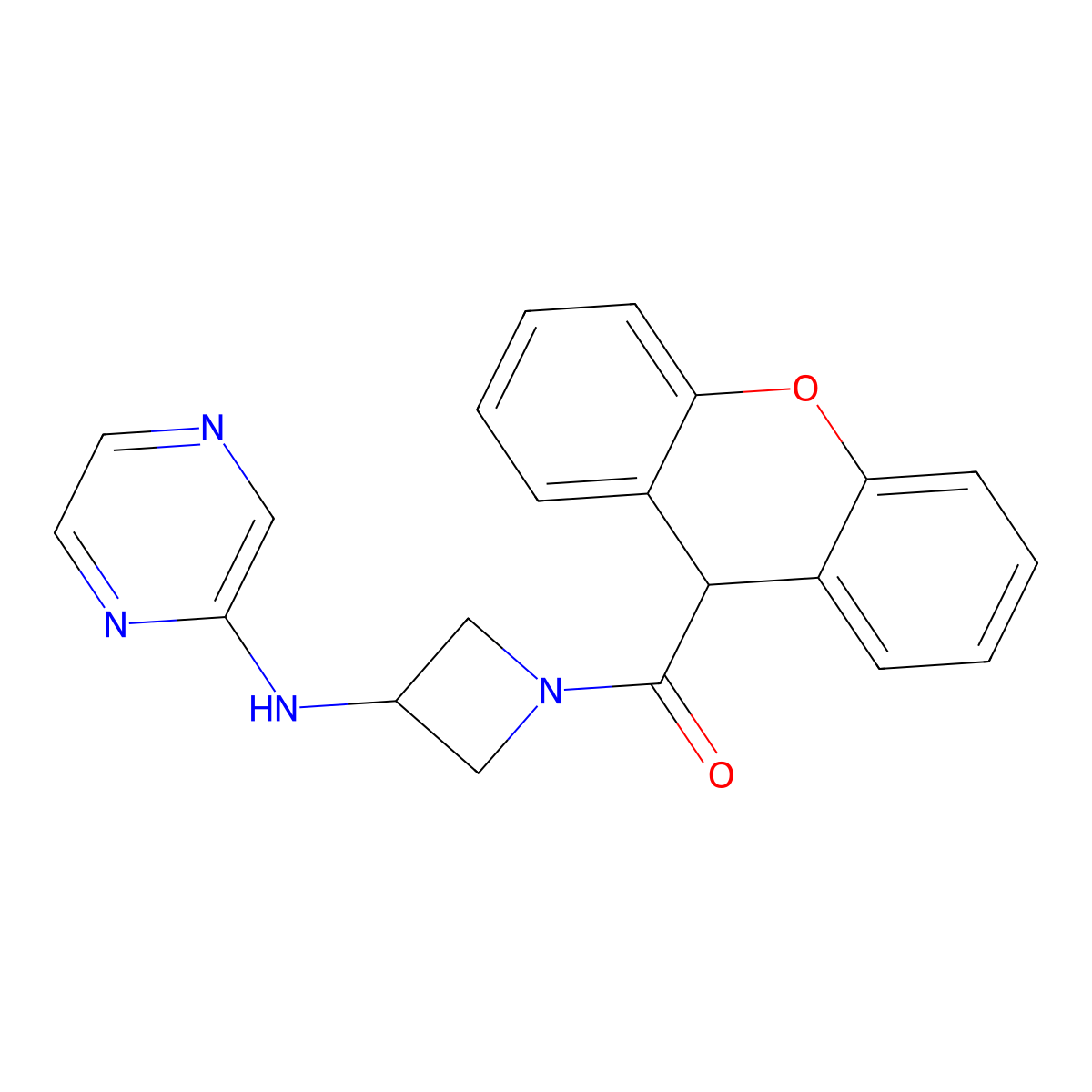 (3-(pyrazin-2-ylamino)azetidin-1-yl)(9H-xanthen-9-yl)methanone molecular structure, CAS 2319839-56-8