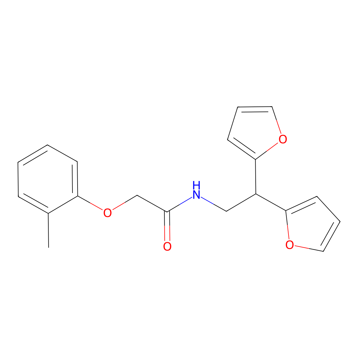 N-[2,2-bis(furan-2-yl)ethyl]-2-(2-methylphenoxy)acetamide molecular structure, CAS 2319839-61-5