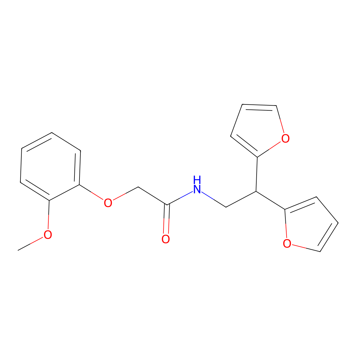 N-[2,2-bis(furan-2-yl)ethyl]-2-(2-methoxyphenoxy)acetamide molecular structure, CAS 2319839-88-6