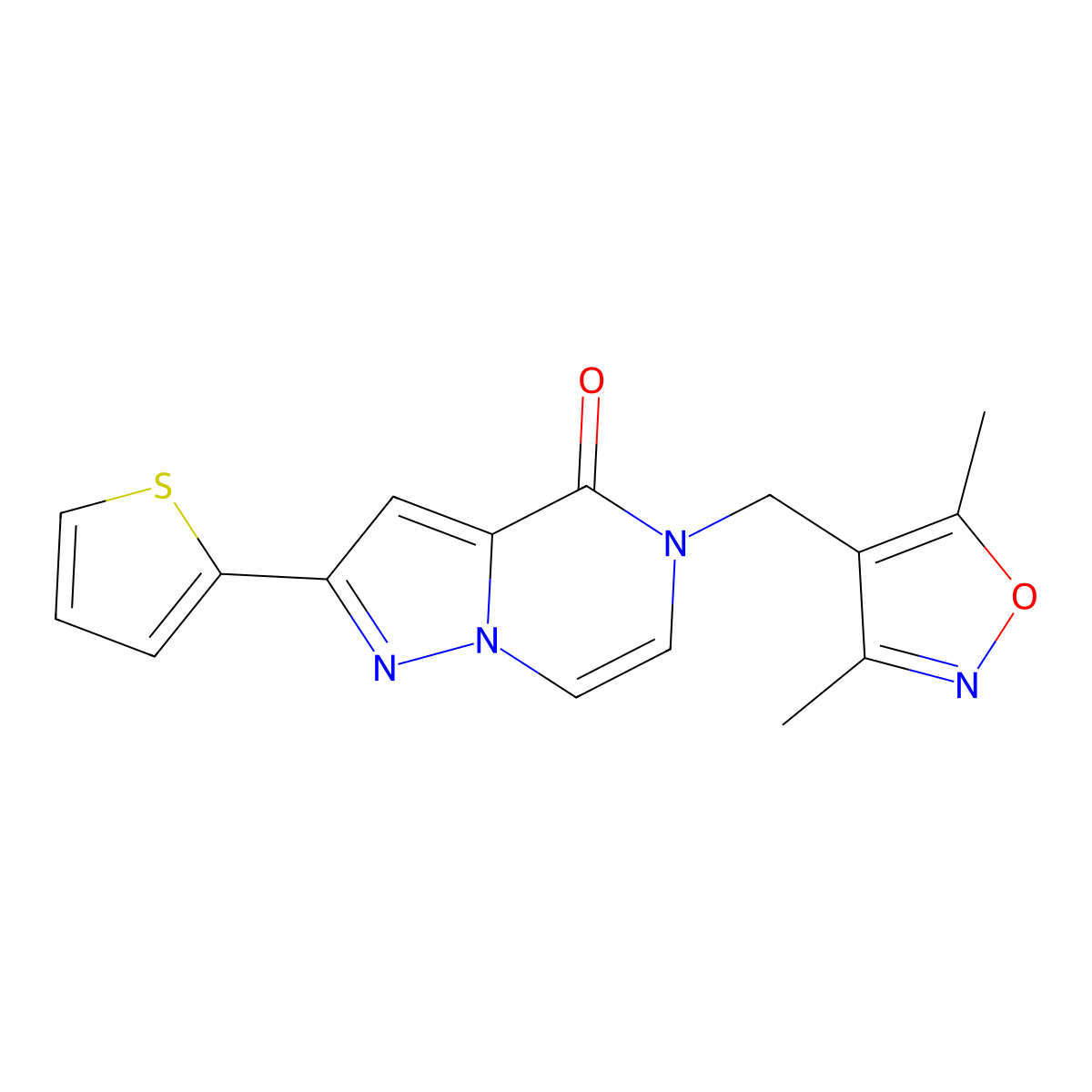 5-((3,5-dimethylisoxazol-4-yl)methyl)-2-(thiophen-2-yl)pyrazolo[1,5-a]pyrazin-4(5H)-one molecular structure, CAS 2319840-54-3