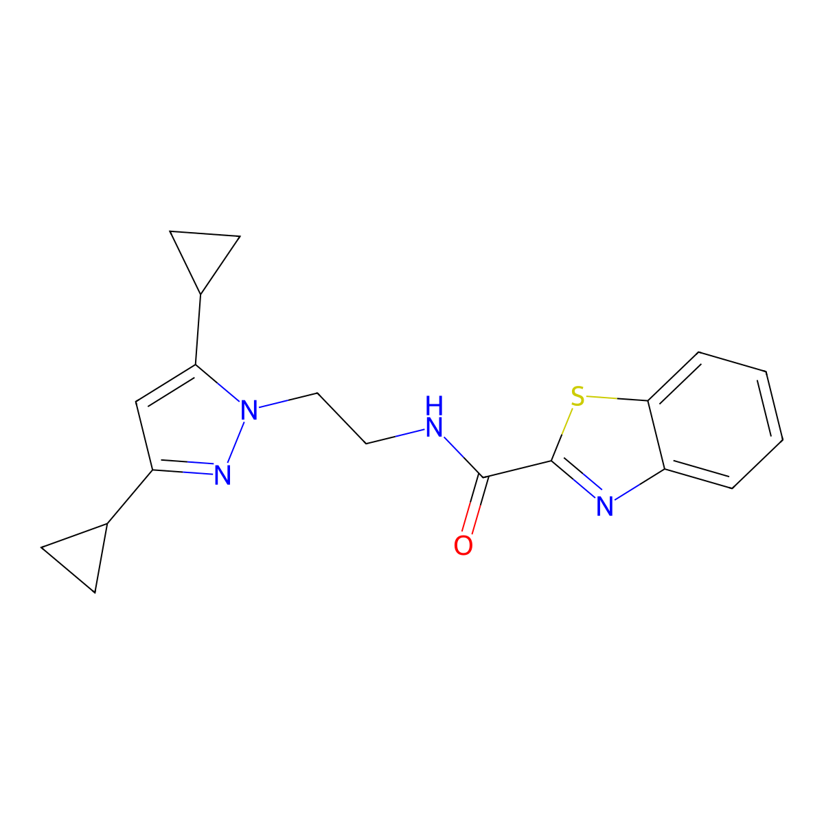 N-(2-(3,5-dicyclopropyl-1H-pyrazol-1-yl)ethyl)benzo[d]thiazole-2-carboxamide molecular structure, CAS 2319840-81-6