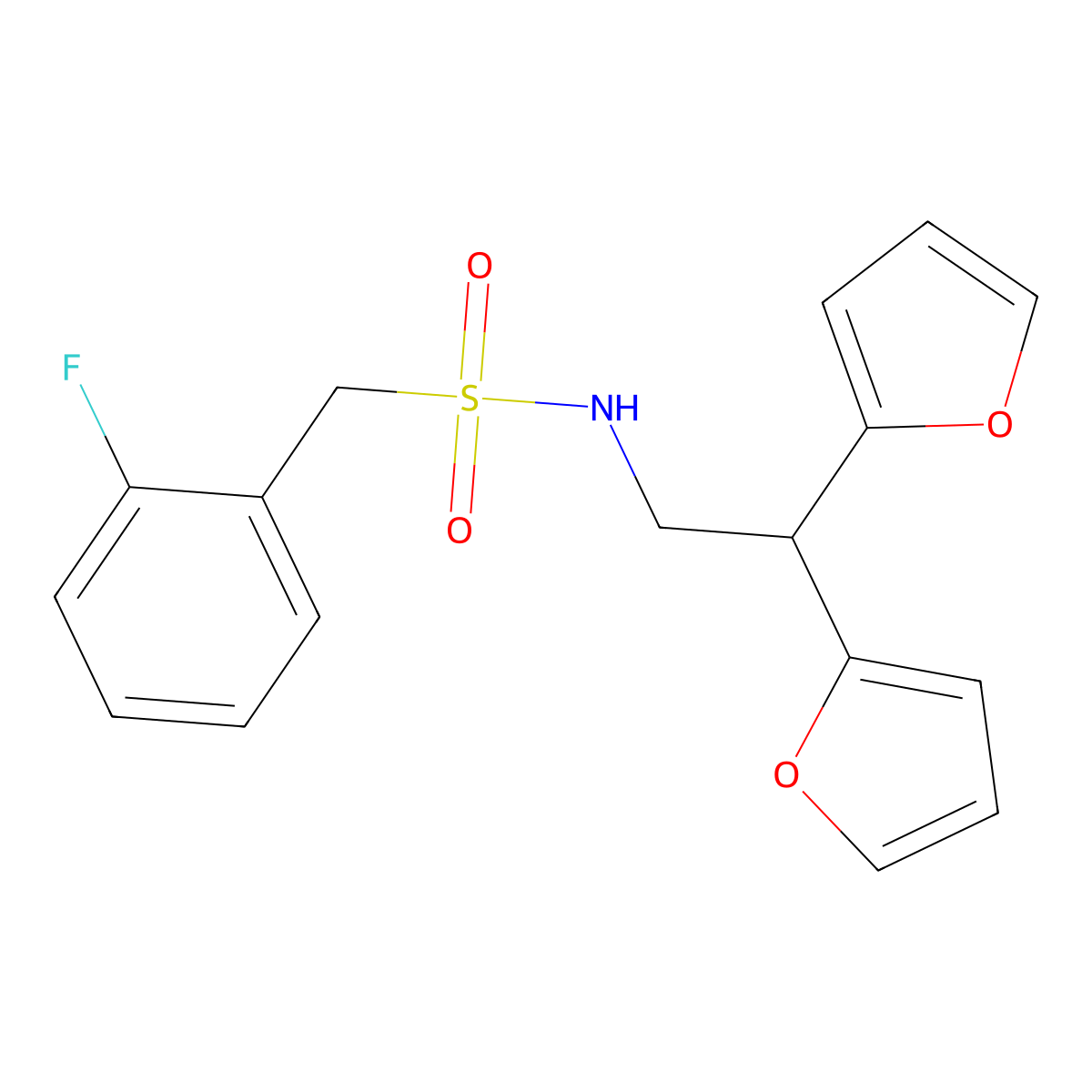 N-[2,2-bis(furan-2-yl)ethyl]-1-(2-fluorophenyl)methanesulfonamide molecular structure, CAS 2319840-94-1