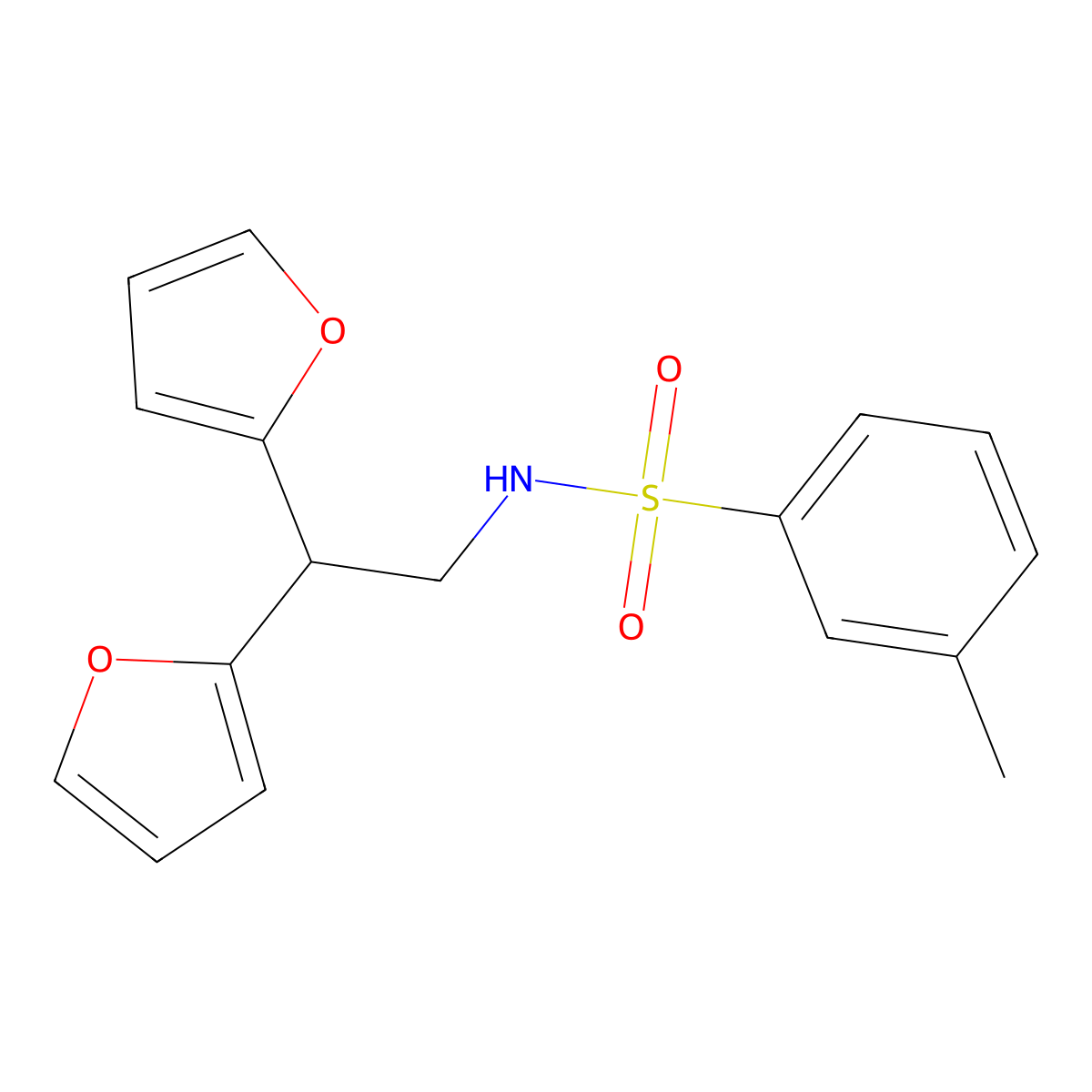 N-(2,2-di(furan-2-yl)ethyl)-3-methylbenzenesulfonamide molecular structure, CAS 2319841-07-9