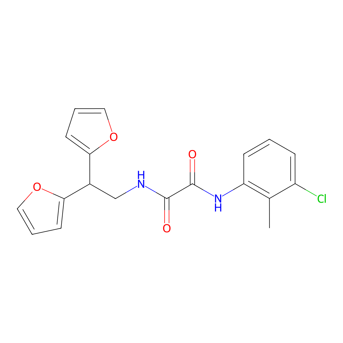N1-(3-chloro-2-methylphenyl)-N2-(2,2-di(furan-2-yl)ethyl)oxalamide molecular structure, CAS 2319841-33-1