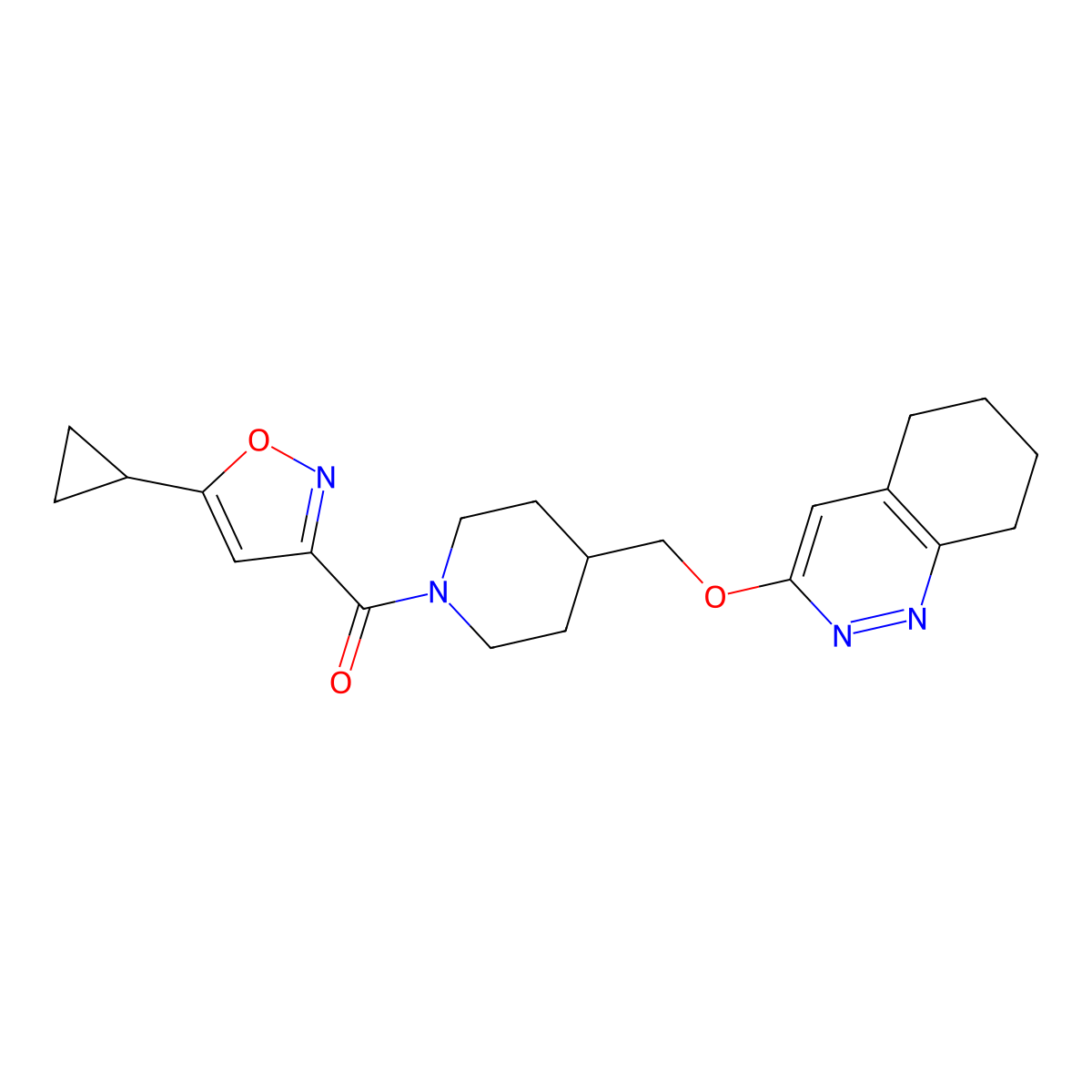 (5-Cyclopropylisoxazol-3-yl)(4-(((5,6,7,8-tetrahydrocinnolin-3-yl)oxy)methyl)piperidin-1-yl)methanone molecular structure, CAS 2319845-25-3