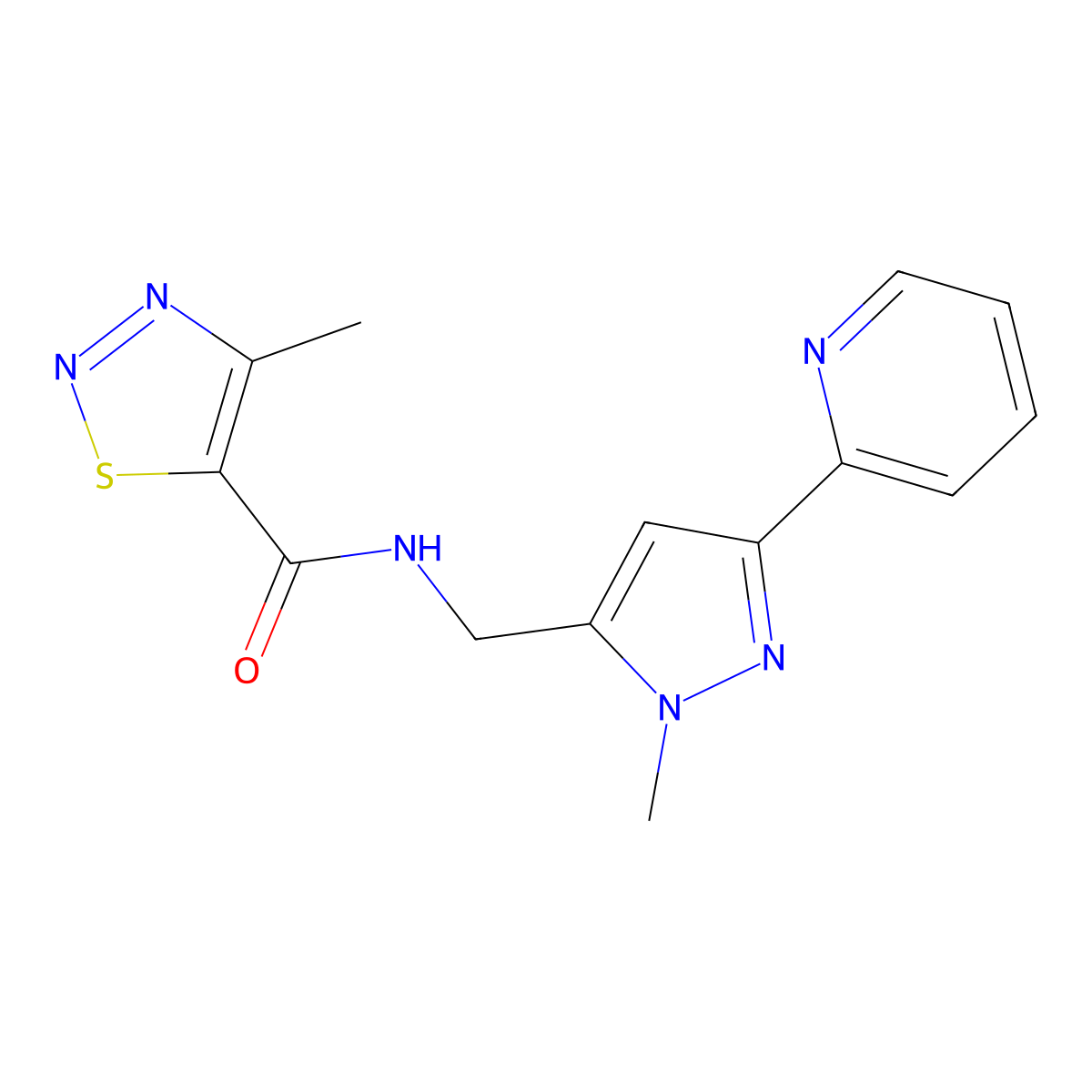 4-methyl-N-{[1-methyl-3-(pyridin-2-yl)-1H-pyrazol-5-yl]methyl}-1,2,3-thiadiazole-5-carboxamide molecular structure, CAS 2319846-47-2