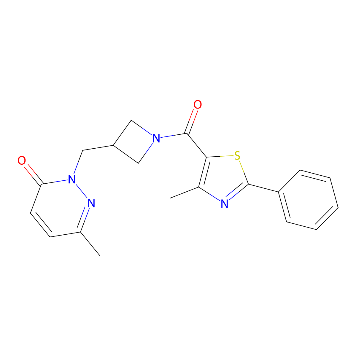 6-Methyl-2-{[1-(4-methyl-2-phenyl-1,3-thiazole-5-carbonyl)azetidin-3-yl]methyl}-2,3-dihydropyridazin-3-one molecular structure, CAS 2319847-77-1