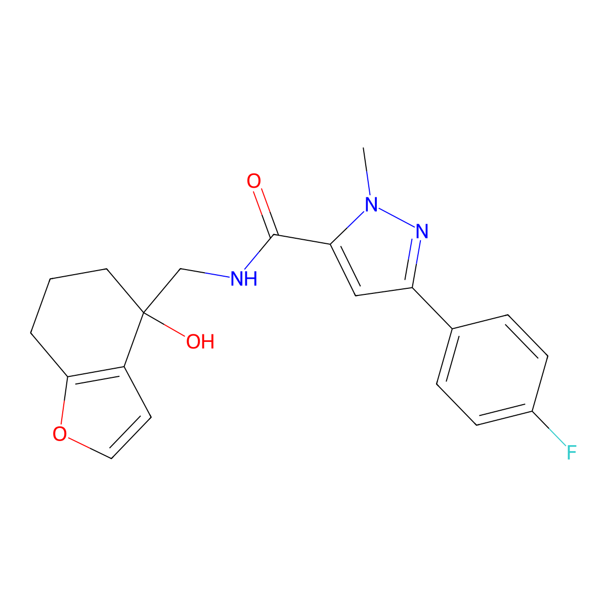 3-(4-fluorophenyl)-N-[(4-hydroxy-4,5,6,7-tetrahydro-1-benzofuran-4-yl)methyl]-1-methyl-1H-pyrazole-5-carboxamide molecular structure, CAS 2319848-22-9