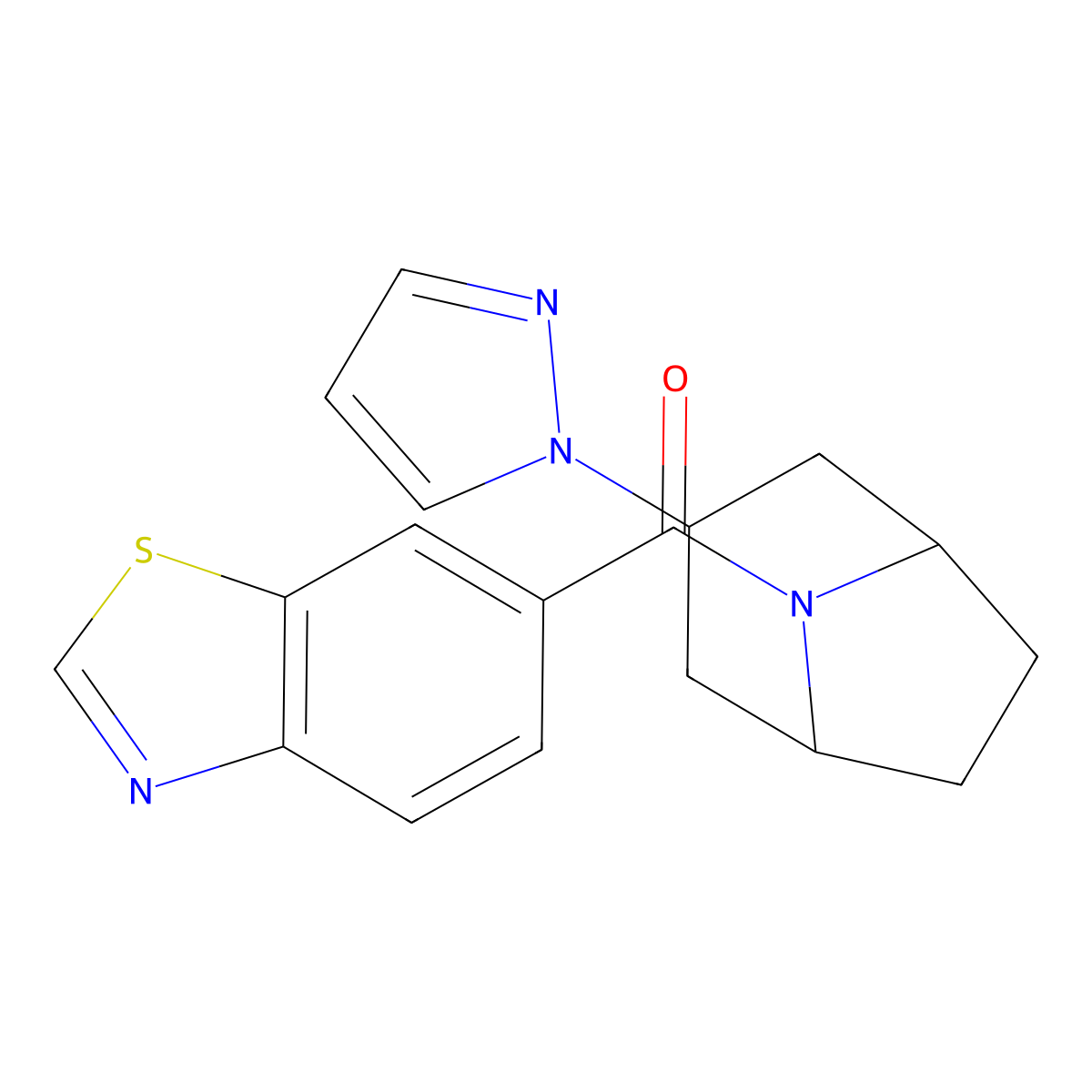6-[3-(1H-pyrazol-1-yl)-8-azabicyclo[3.2.1]octane-8-carbonyl]-1,3-benzothiazole molecular structure, CAS 2319848-48-9