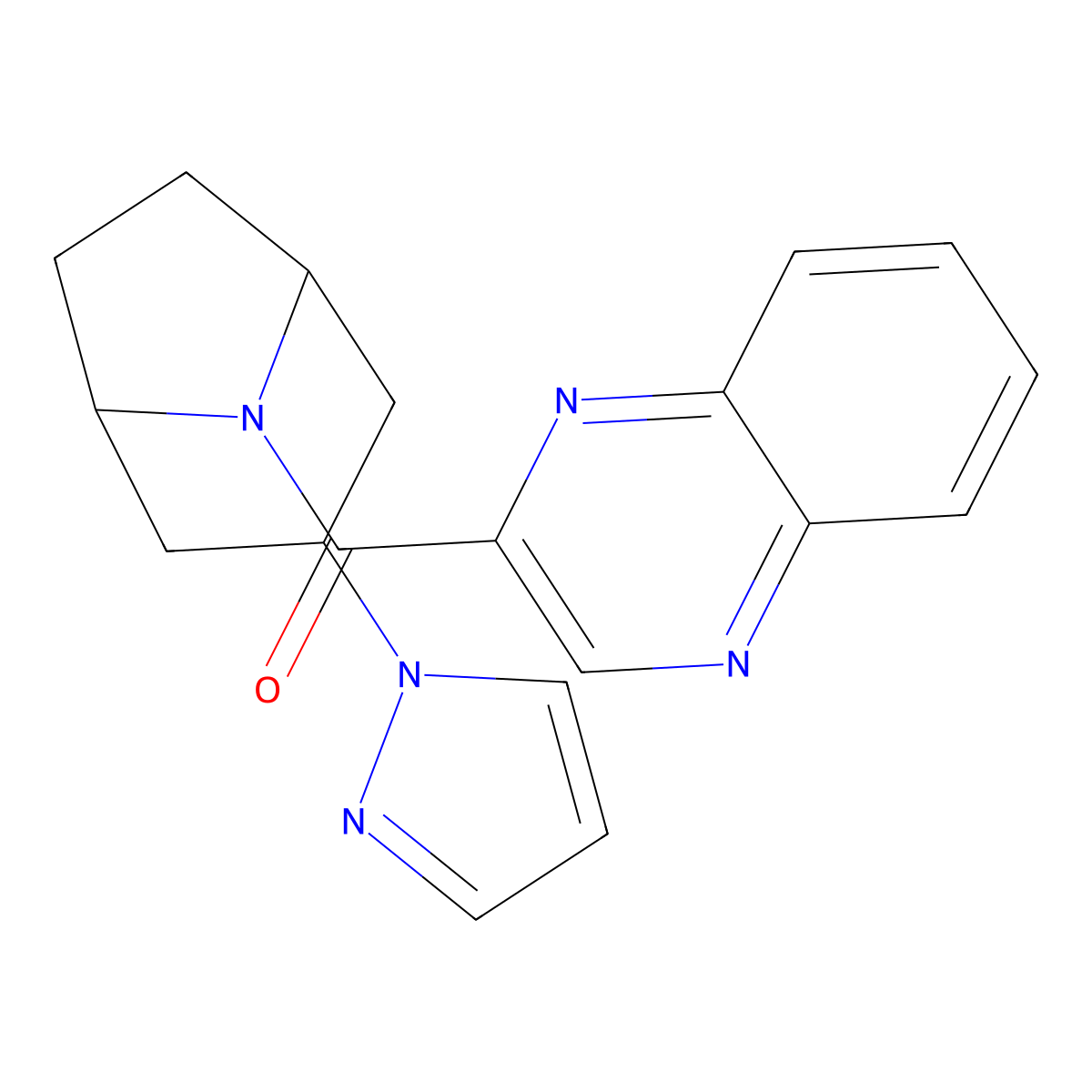 2-[3-(1H-pyrazol-1-yl)-8-azabicyclo[3.2.1]octane-8-carbonyl]quinoxaline molecular structure, CAS 2319848-63-8
