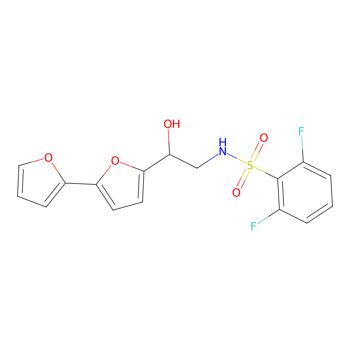 N-(2-{[2,2'-bifuran]-5-yl}-2-hydroxyethyl)-2,6-difluorobenzene-1-sulfonamide molecular structure, CAS 2319849-01-7
