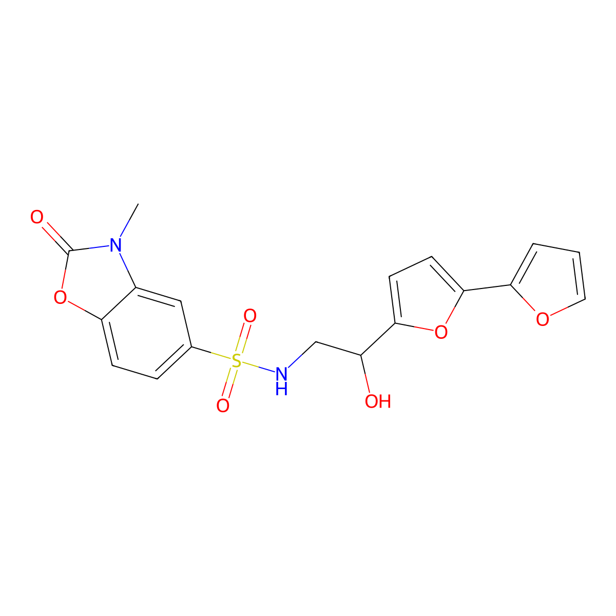 N-(2-{[2,2'-bifuran]-5-yl}-2-hydroxyethyl)-3-methyl-2-oxo-2,3-dihydro-1,3-benzoxazole-5-sulfonamide molecular structure, CAS 2319849-86-8
