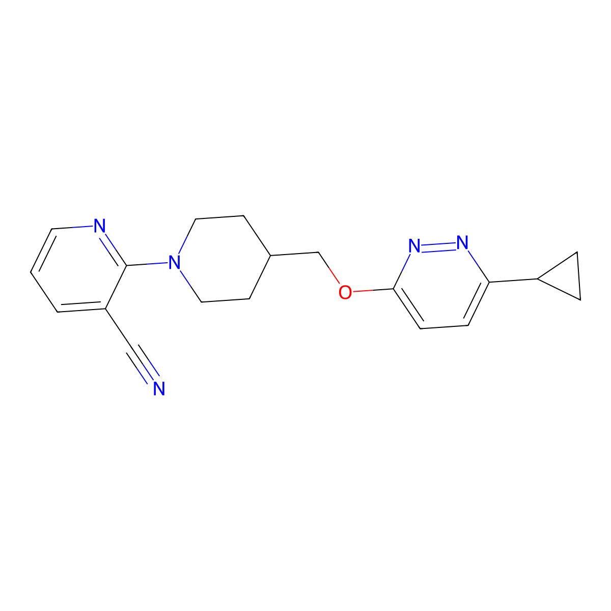 2-(4-{[(6-Cyclopropylpyridazin-3-yl)oxy]methyl}piperidin-1-yl)pyridine-3-carbonitrile molecular structure, CAS 2319850-02-5