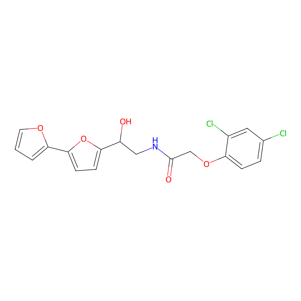 N-(2-{[2,2'-bifuran]-5-yl}-2-hydroxyethyl)-2-(2,4-dichlorophenoxy)acetamide molecular structure, CAS 2319850-15-0