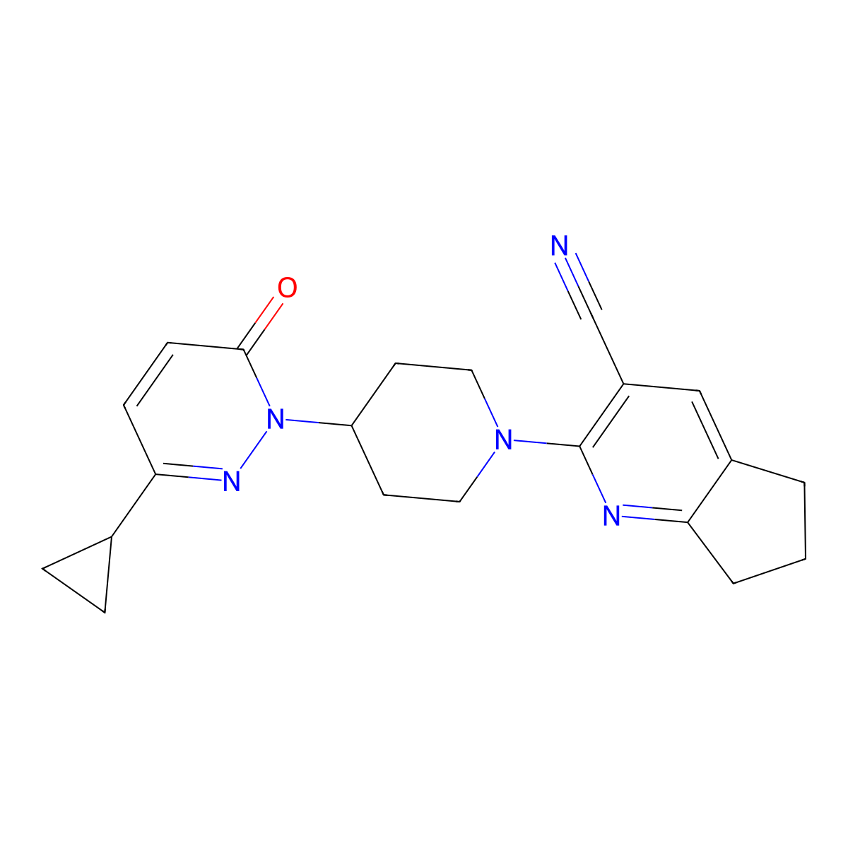 2-[4-(3-cyclopropyl-6-oxo-1,6-dihydropyridazin-1-yl)piperidin-1-yl]-5H,6H,7H-cyclopenta[b]pyridine-3-carbonitrile molecular structure, CAS 2319850-61-6