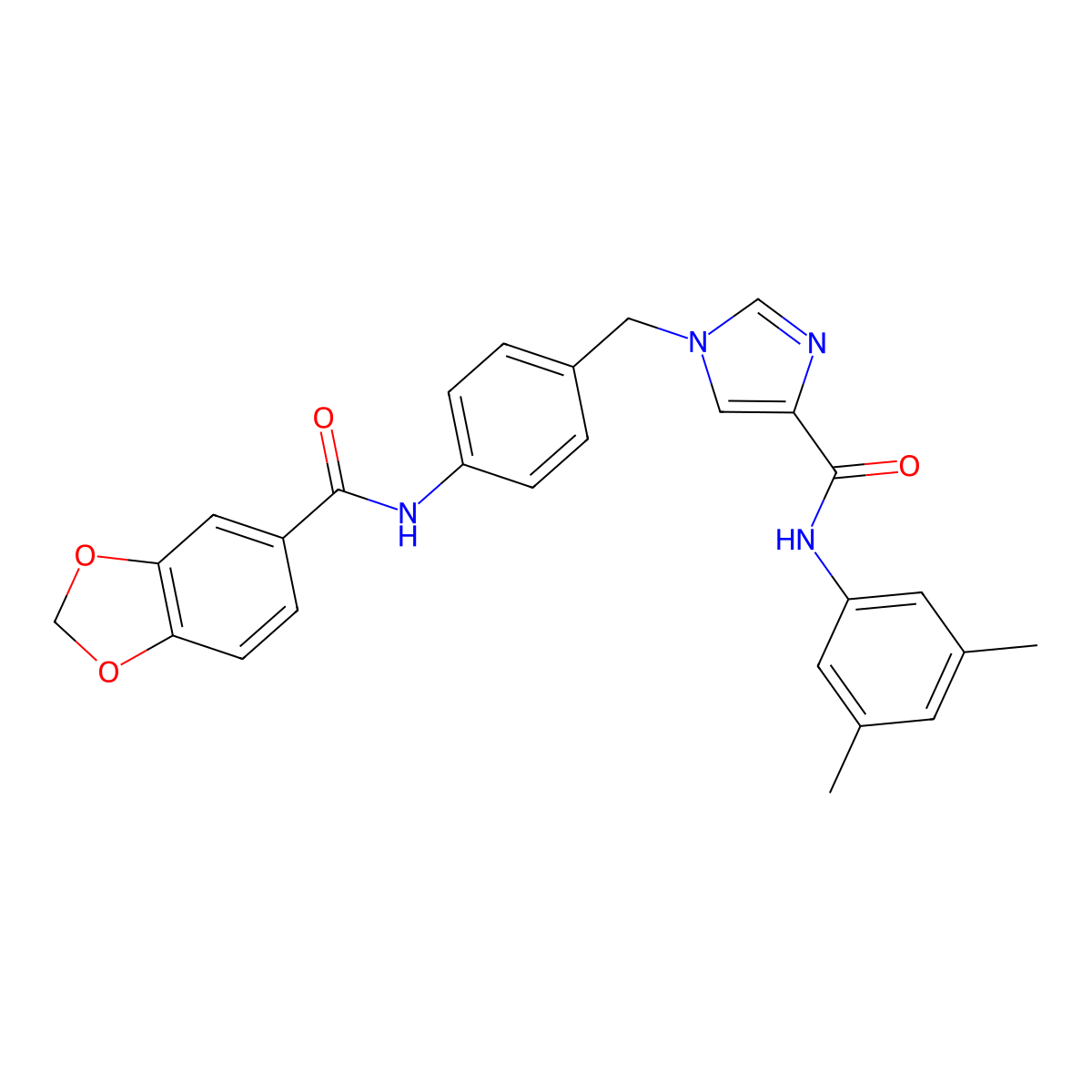 1-{[4-(2H-1,3-benzodioxole-5-amido)phenyl]methyl}-N-(3,5-dimethylphenyl)-1H-imidazole-4-carboxamide molecular structure, CAS 2319850-63-8