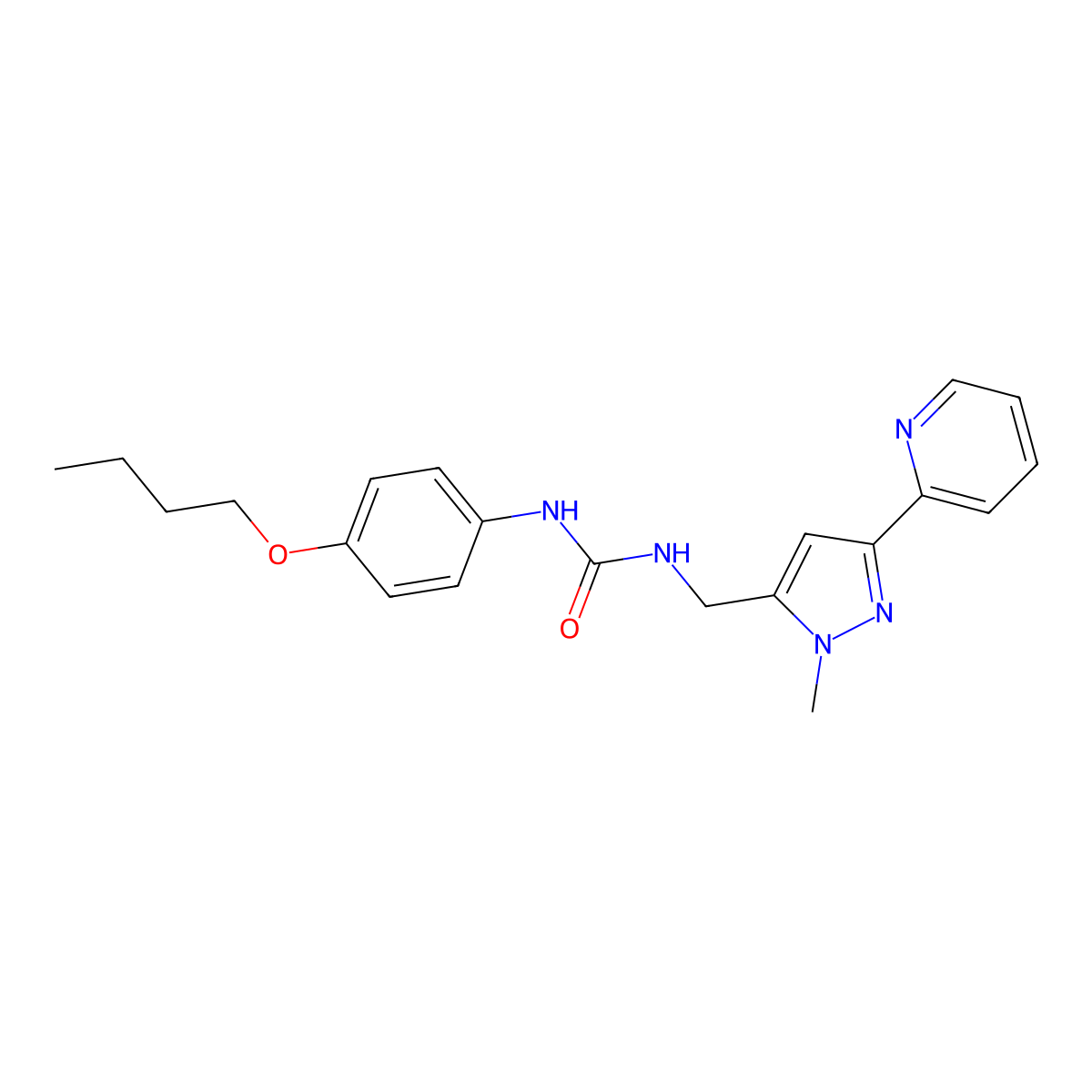 1-(4-Butoxyphenyl)-3-[(2-methyl-5-pyridin-2-ylpyrazol-3-yl)methyl]urea molecular structure, CAS 2319850-76-3