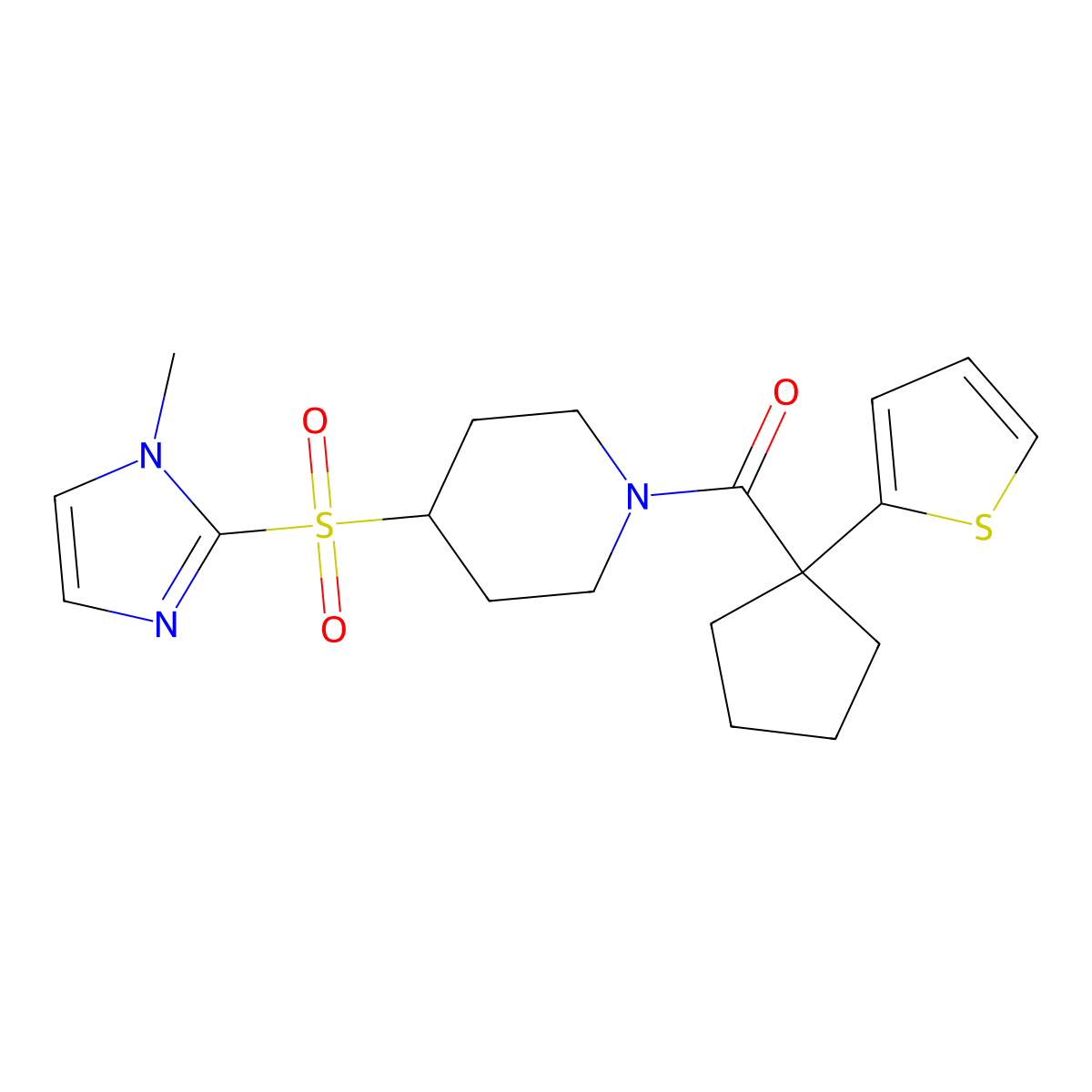 4-[(1-methyl-1H-imidazol-2-yl)sulfonyl]-1-[1-(thiophen-2-yl)cyclopentanecarbonyl]piperidine molecular structure, CAS 2319850-96-7