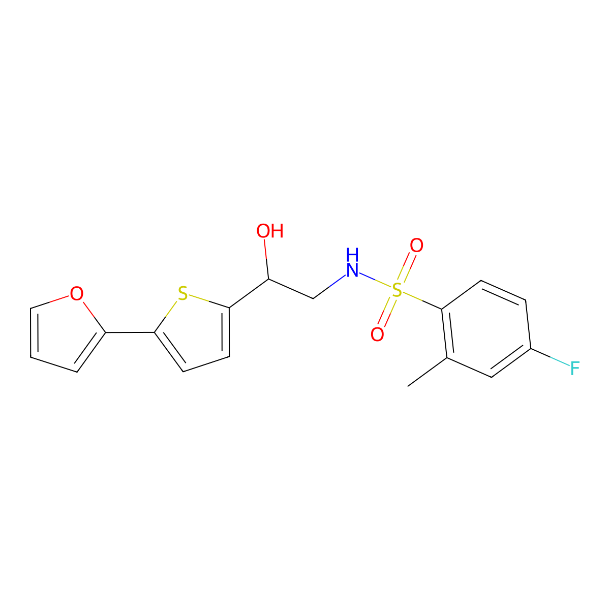 4-fluoro-N-{2-[5-(furan-2-yl)thiophen-2-yl]-2-hydroxyethyl}-2-methylbenzene-1-sulfonamide molecular structure, CAS 2319851-45-9
