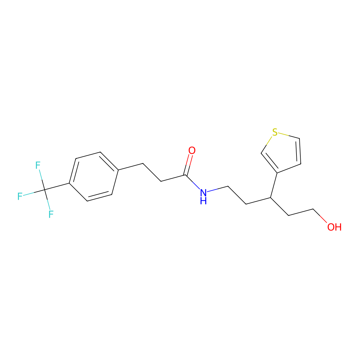N-(5-hydroxy-3-(thiophen-3-yl)pentyl)-3-(4-(trifluoromethyl)phenyl)propanamide molecular structure, CAS 2319851-99-3