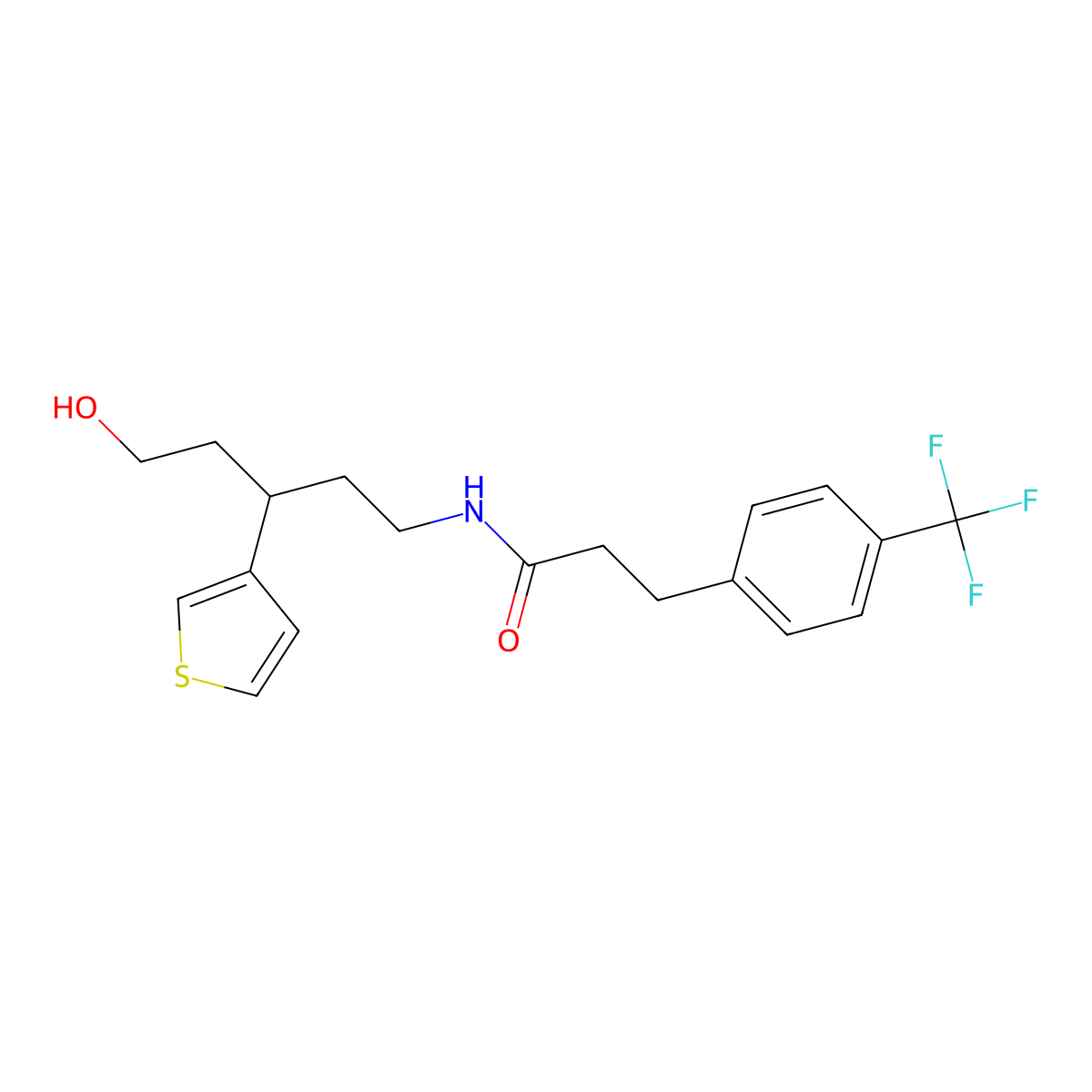 N-(5-hydroxy-3-(thiophen-3-yl)pentyl)-3-(4-(trifluoromethyl)phenyl)propanamide molecular structure, CAS 2319851-99-3