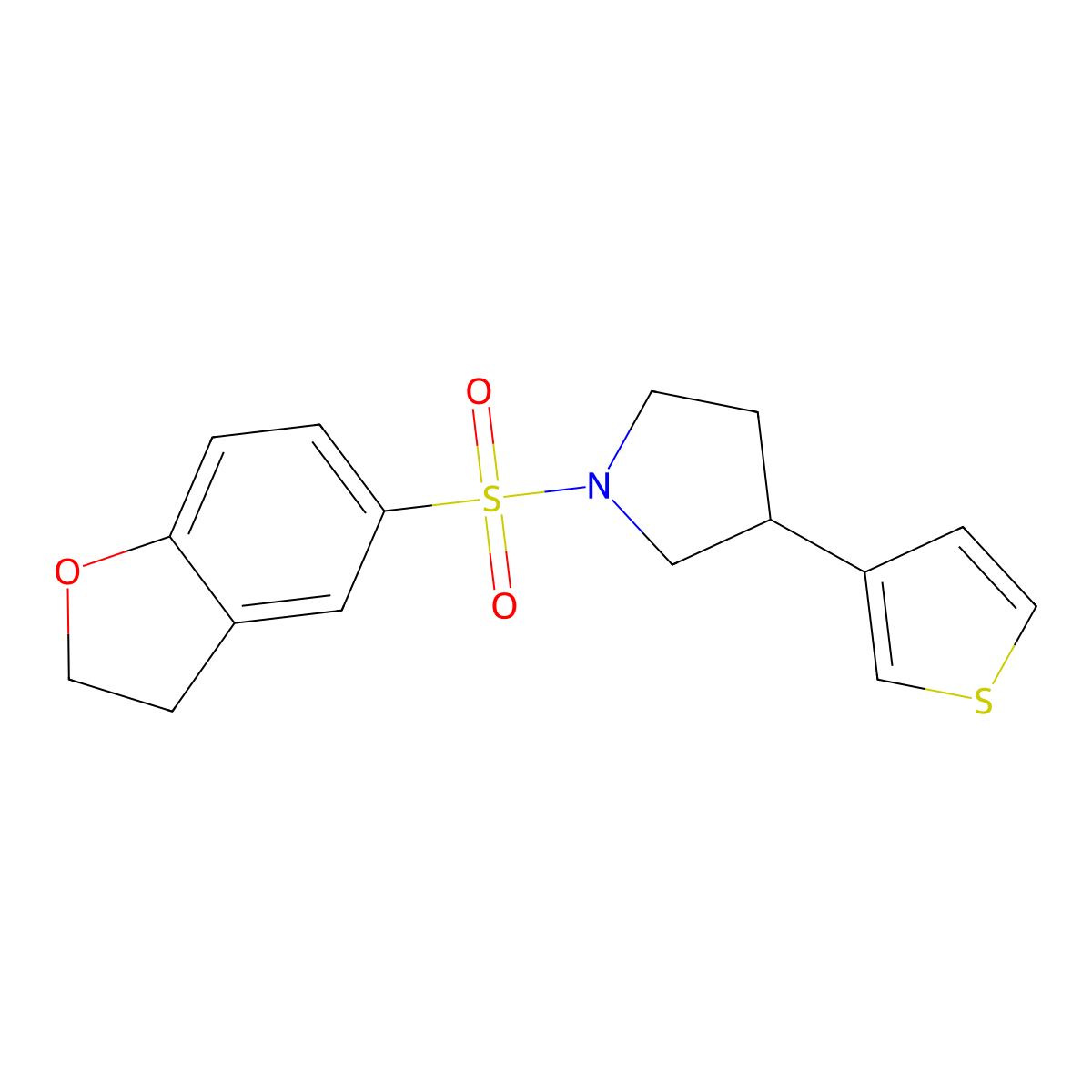 1-(2,3-Dihydro-1-benzofuran-5-sulfonyl)-3-(thiophen-3-yl)pyrrolidine molecular structure, CAS 2319852-10-1