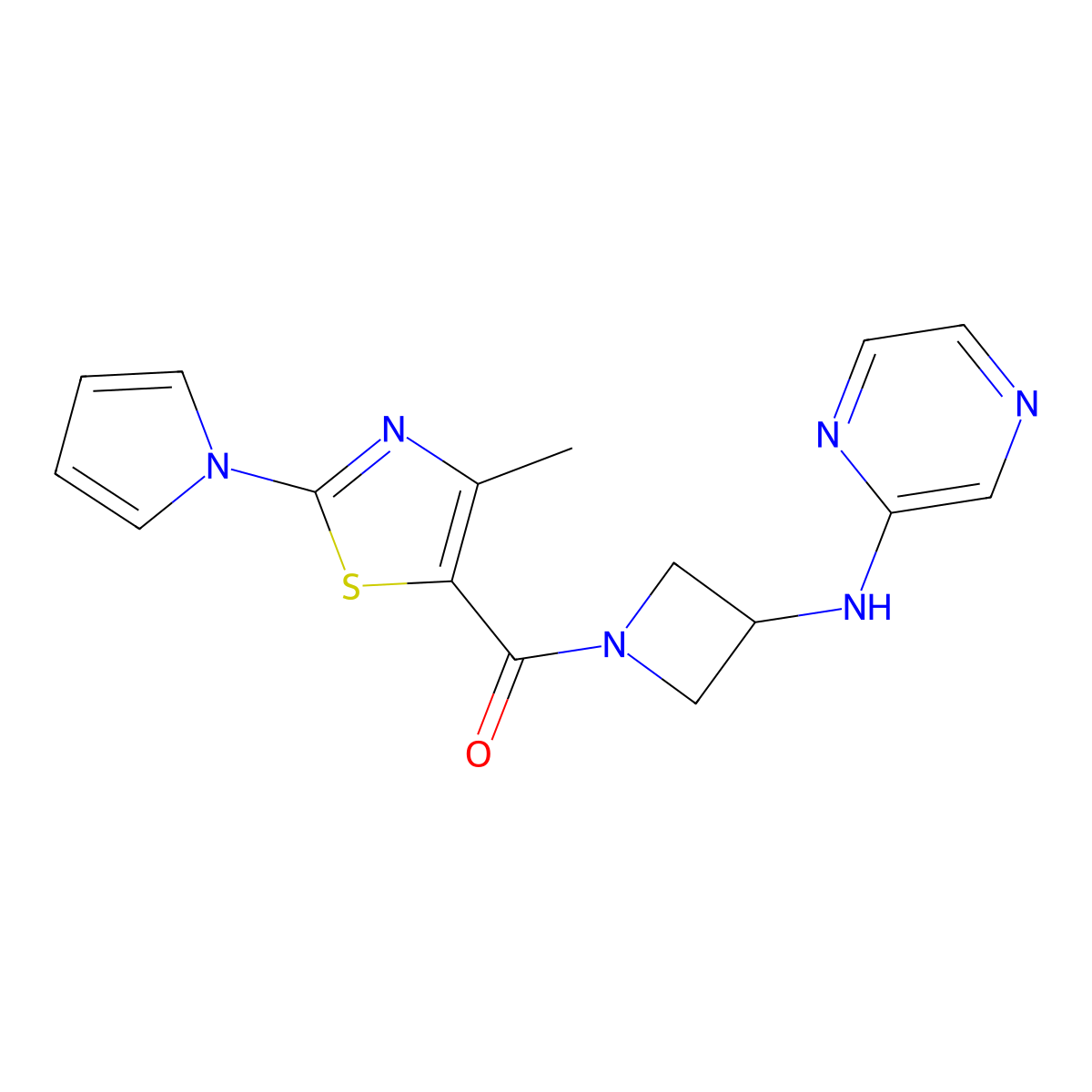 (4-methyl-2-(1H-pyrrol-1-yl)thiazol-5-yl)(3-(pyrazin-2-ylamino)azetidin-1-yl)methanone molecular structure, CAS 2319852-35-0
