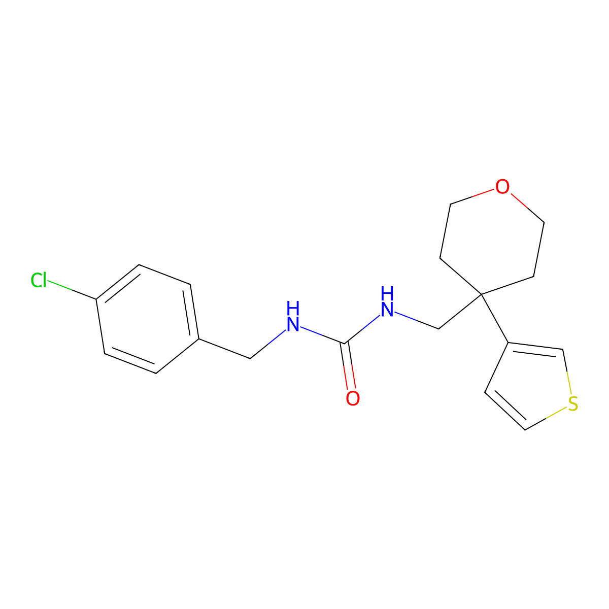 1-[(4-Chlorophenyl)methyl]-3-{[4-(thiophen-3-yl)oxan-4-yl]methyl}urea molecular structure, CAS 2319852-56-5