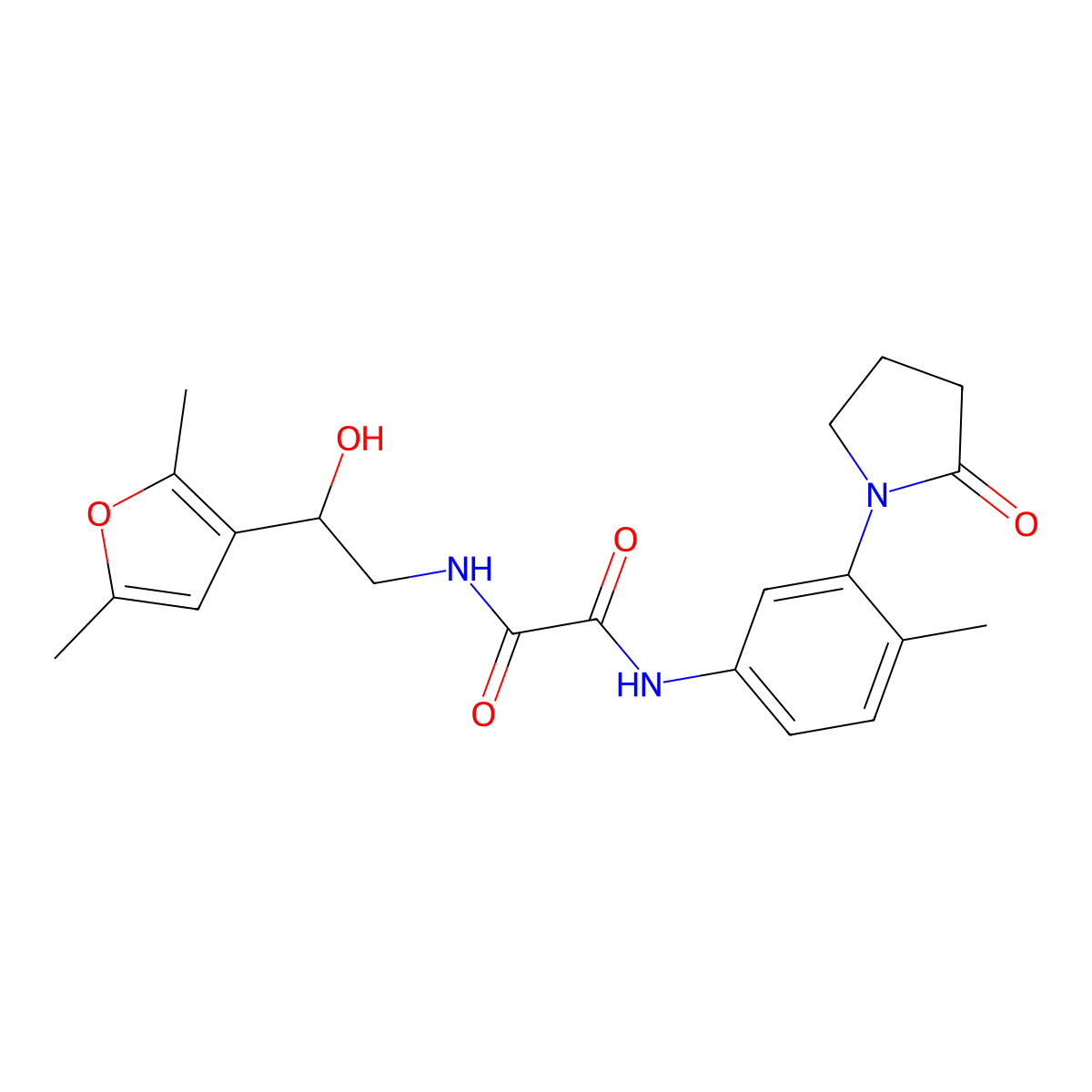N1-(2-(2,5-dimethylfuran-3-yl)-2-hydroxyethyl)-N2-(4-methyl-3-(2-oxopyrrolidin-1-yl)phenyl)oxalamide molecular structure, CAS 2319853-20-6