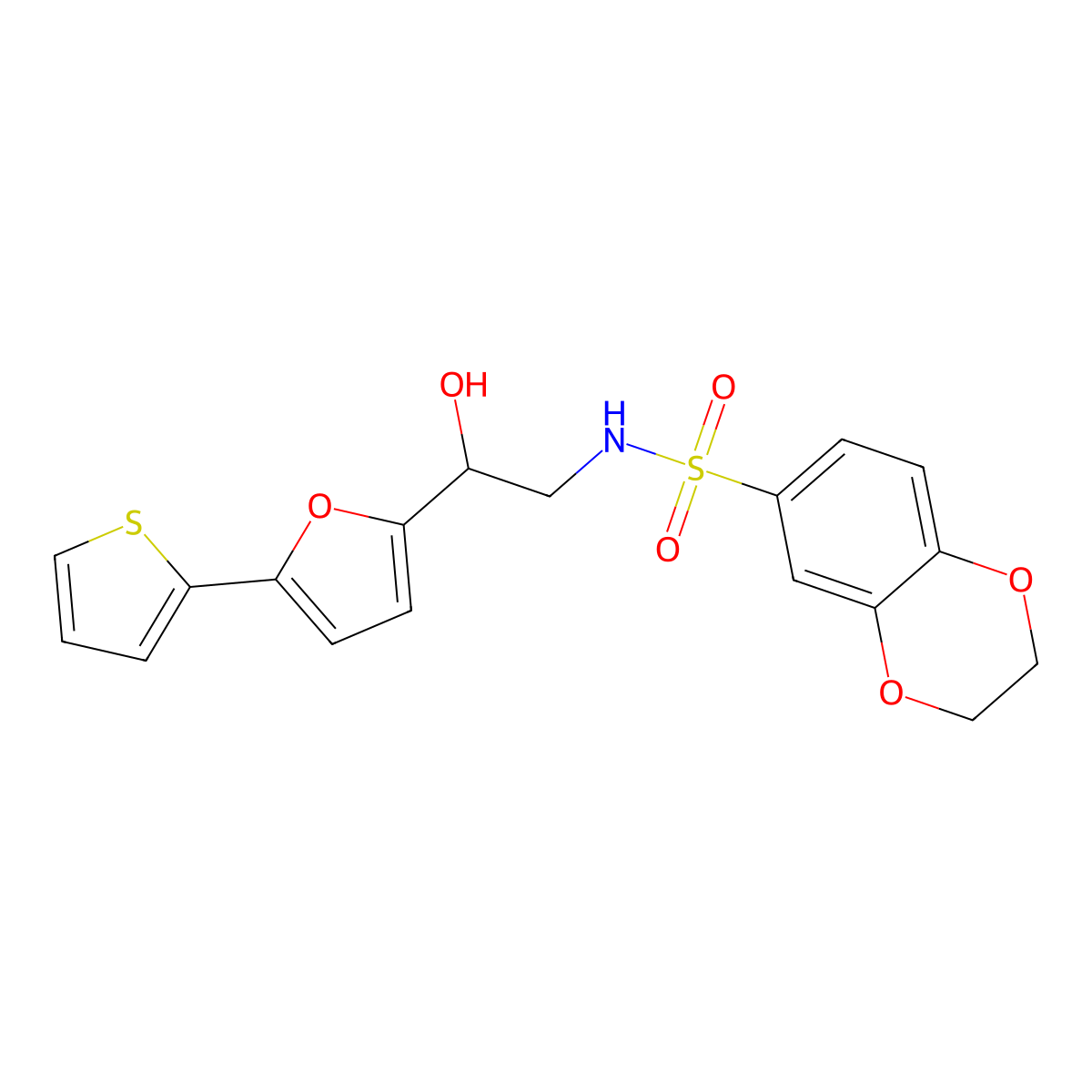 N-{2-hydroxy-2-[5-(thiophen-2-yl)furan-2-yl]ethyl}-2,3-dihydro-1,4-benzodioxine-6-sulfonamide molecular structure, CAS 2319853-47-7