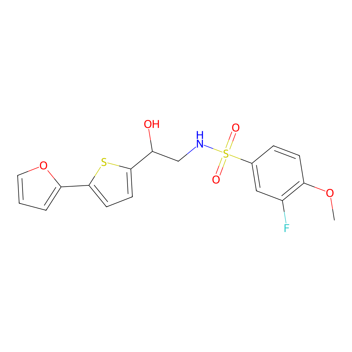 3-Fluoro-N-[2-[5-(furan-2-yl)thiophen-2-yl]-2-hydroxyethyl]-4-methoxybenzenesulfonamide molecular structure, CAS 2319853-80-8
