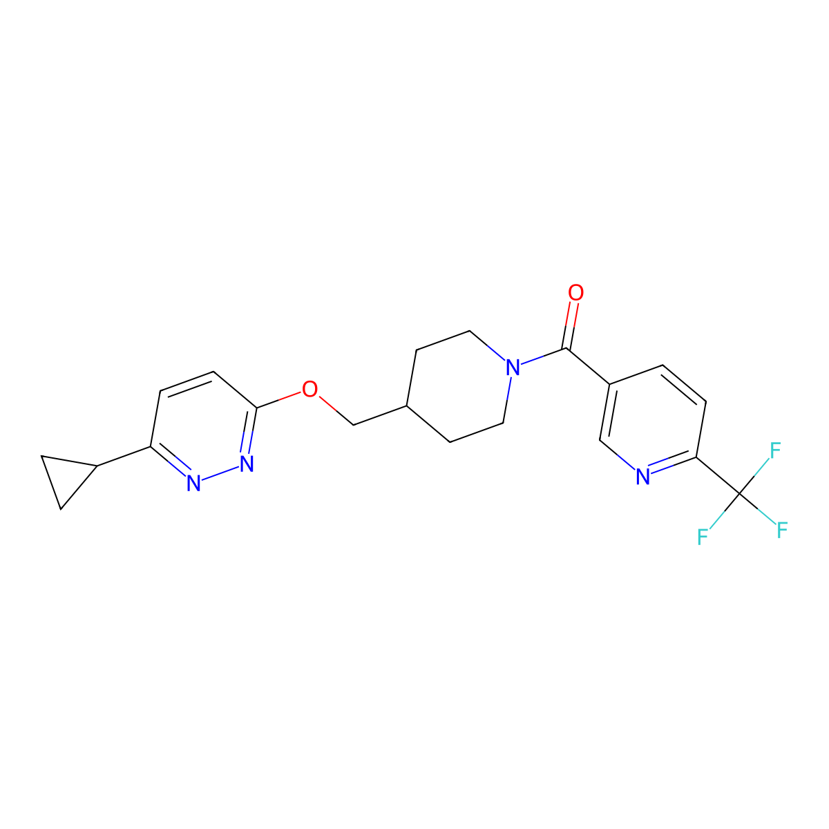3-Cyclopropyl-6-({1-[6-(trifluoromethyl)pyridine-3-carbonyl]piperidin-4-yl}methoxy)pyridazine molecular structure, CAS 2319855-68-8