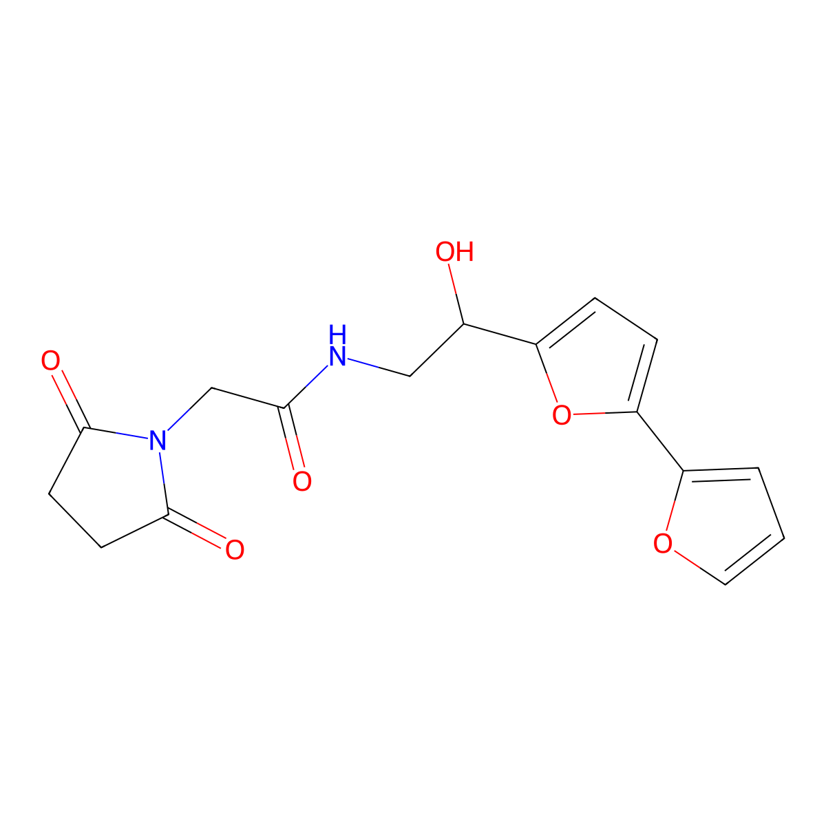 N-(2-{[2,2'-bifuran]-5-yl}-2-hydroxyethyl)-2-(2,5-dioxopyrrolidin-1-yl)acetamide molecular structure, CAS 2319855-72-4