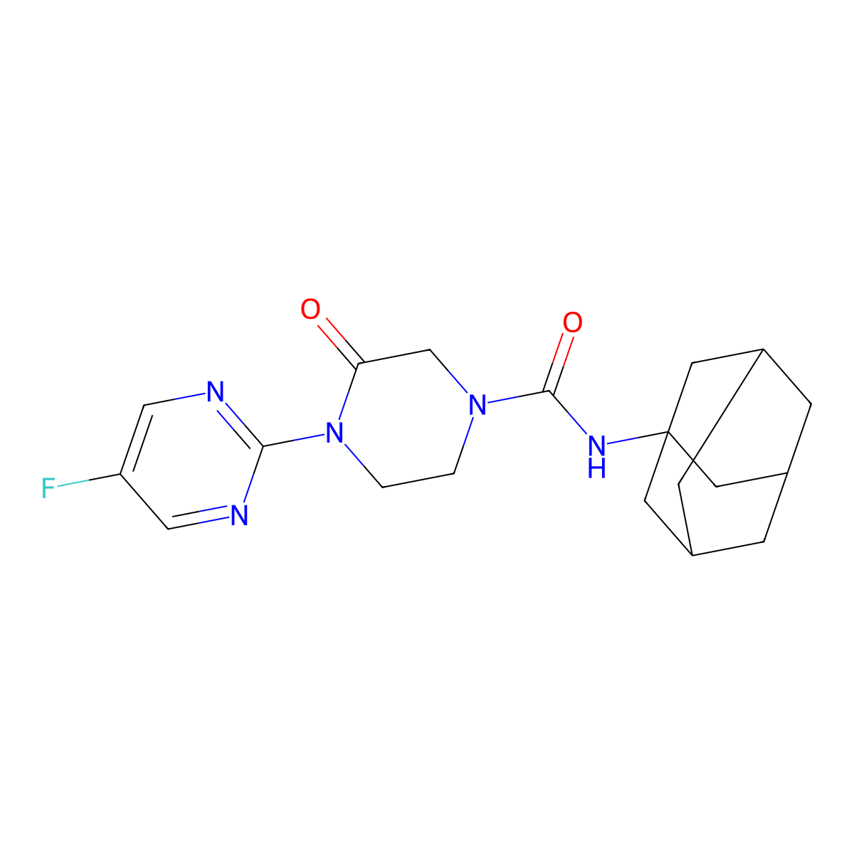 N-(adamantan-1-yl)-4-(5-fluoropyrimidin-2-yl)-3-oxopiperazine-1-carboxamide molecular structure, CAS 2319855-87-1