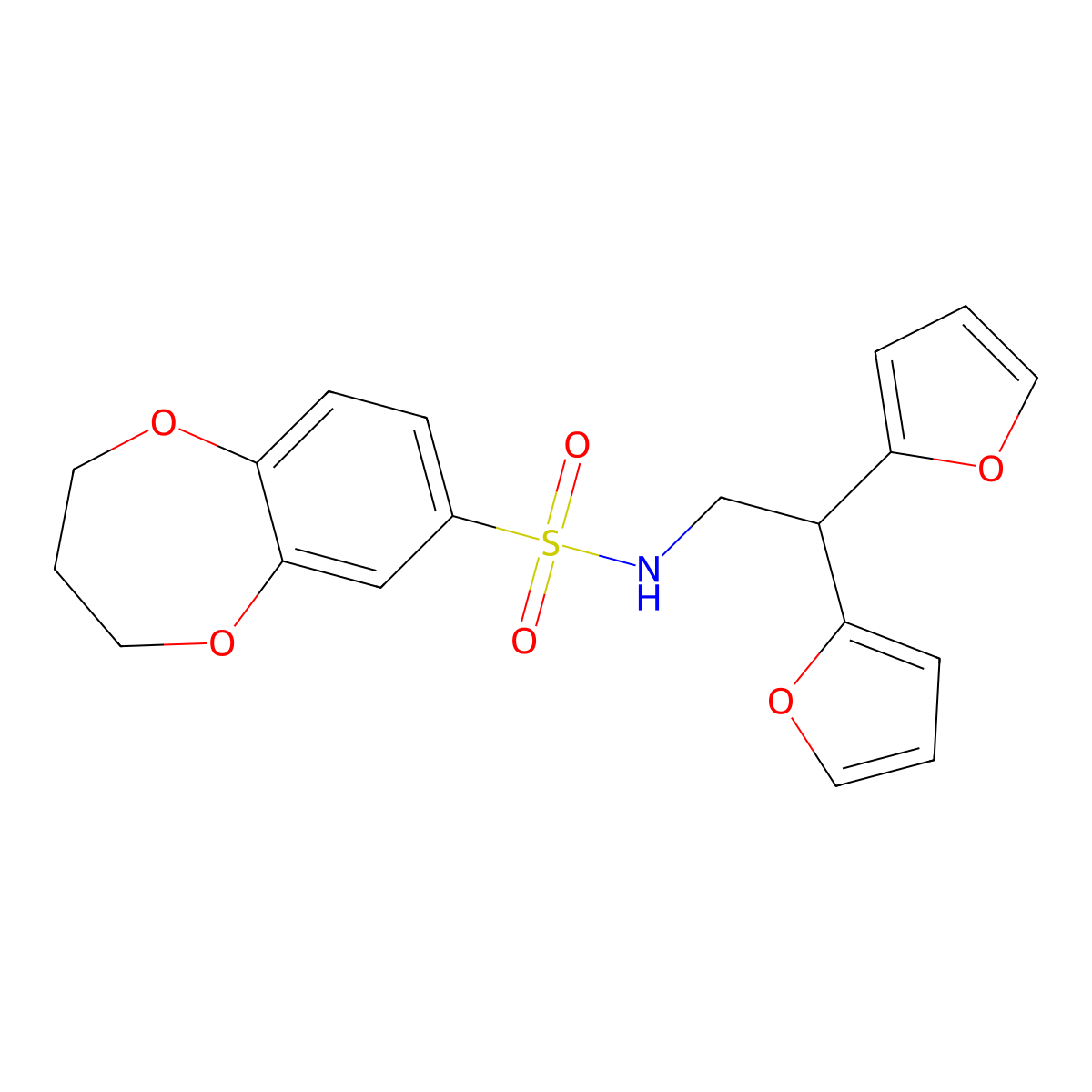 N-[2,2-bis(furan-2-yl)ethyl]-3,4-dihydro-2H-1,5-benzodioxepine-7-sulfonamide molecular structure, CAS 2319873-53-3