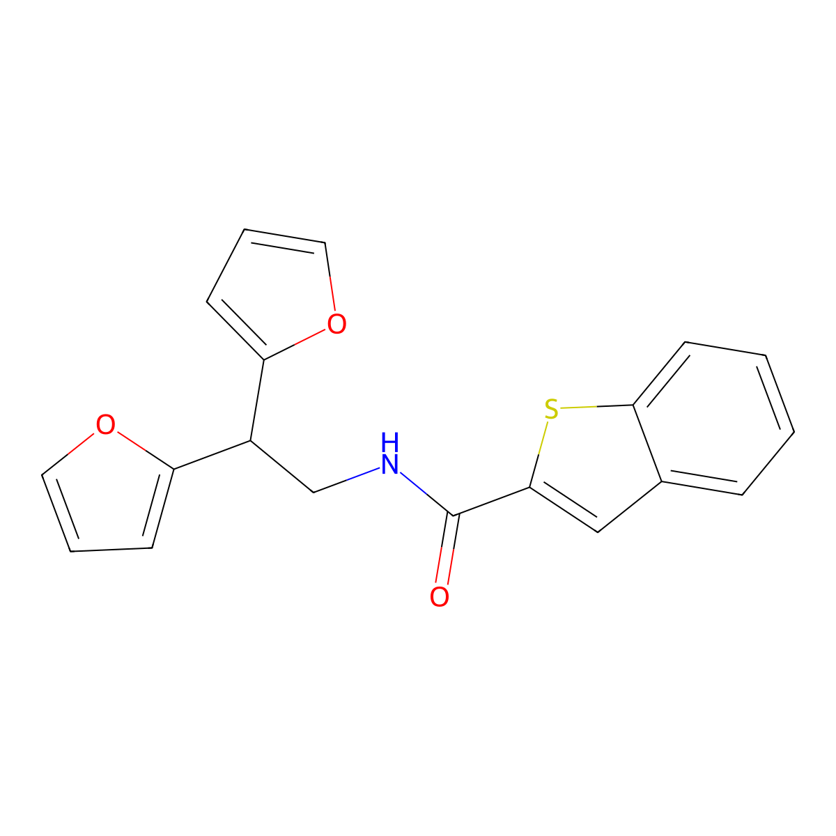 N-[2,2-bis(furan-2-yl)ethyl]-1-benzothiophene-2-carboxamide molecular structure, CAS 2319873-74-8