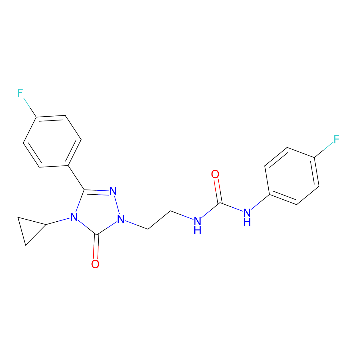 1-(2-(4-cyclopropyl-3-(4-fluorophenyl)-5-oxo-4,5-dihydro-1H-1,2,4-triazol-1-yl)ethyl)-3-(4-fluorophenyl)urea molecular structure, CAS 2319875-70-0