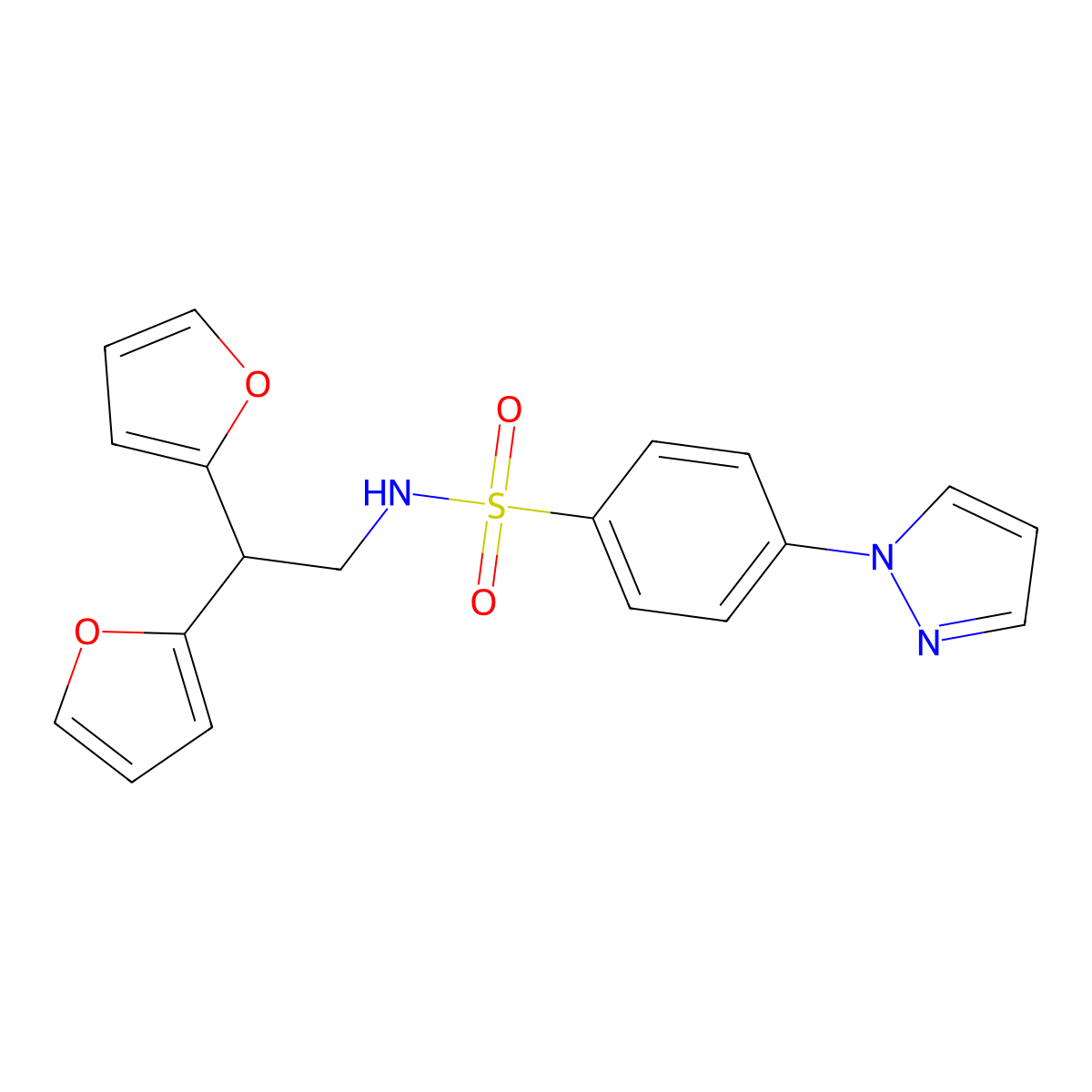 N-[2,2-bis(furan-2-yl)ethyl]-4-(1H-pyrazol-1-yl)benzene-1-sulfonamide molecular structure, CAS 2319875-89-1
