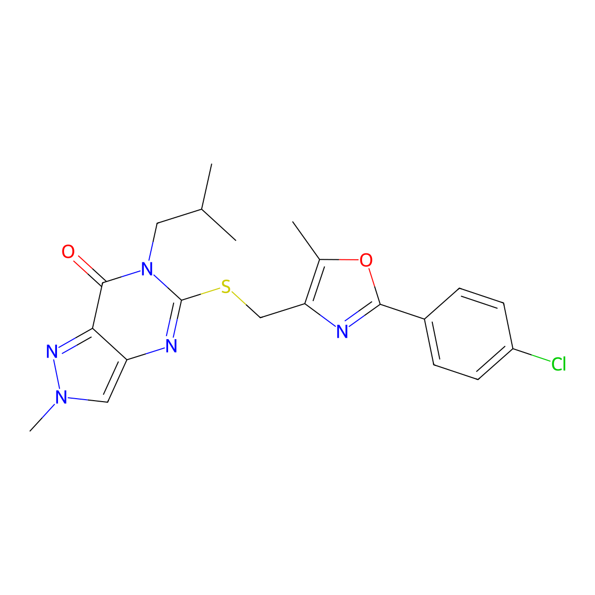 5-(((2-(4-chlorophenyl)-5-methyloxazol-4-yl)methyl)thio)-6-isobutyl-2-methyl-2,6-dihydro-7H-pyrazolo[4,3-d]pyrimidin-7-one molecular structure, CAS 2319876-89-4