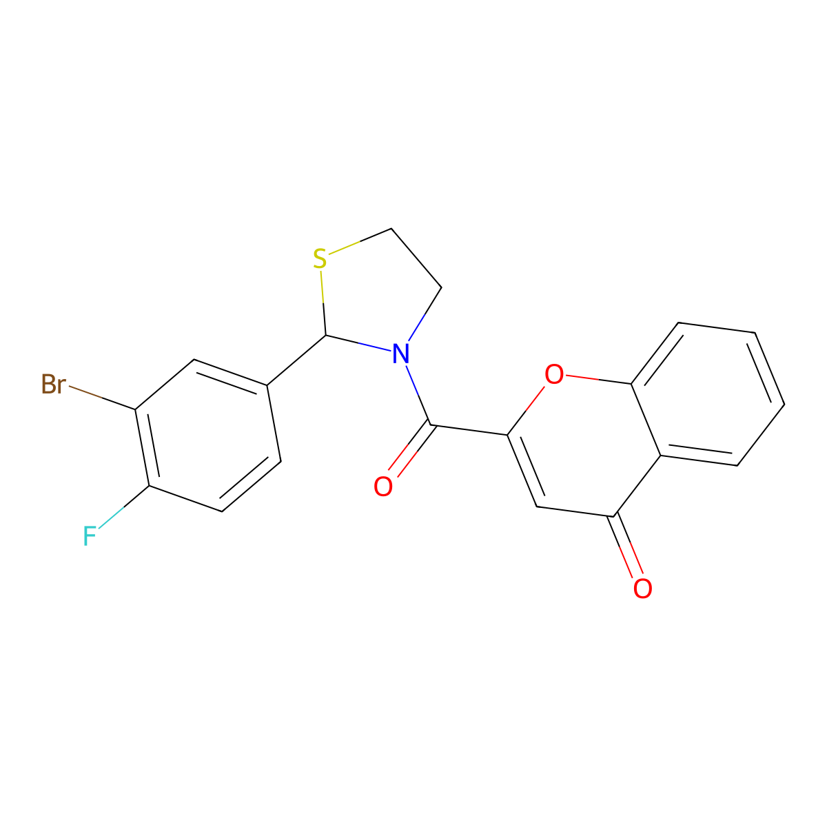 2-(2-(3-bromo-4-fluorophenyl)thiazolidine-3-carbonyl)-4H-chromen-4-one molecular structure, CAS 2319877-16-0